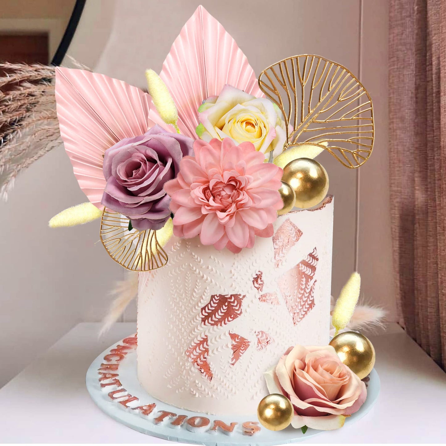 Boho Cake Topper Flower Cake Topper Pink Palm Leaves Cake Decorations with Artificial Rose Ginkgo Leaves and Balls for Wedding Birthday Boho Flower