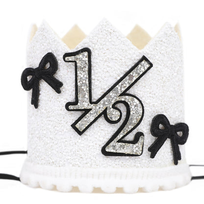 YOUAME Black Bow Half Birthday Crown- Girls Bow Cake Smash Photo Props, Silver And Black Half Way To One Party Crown Decorations, Sweet Mini Hat For 6