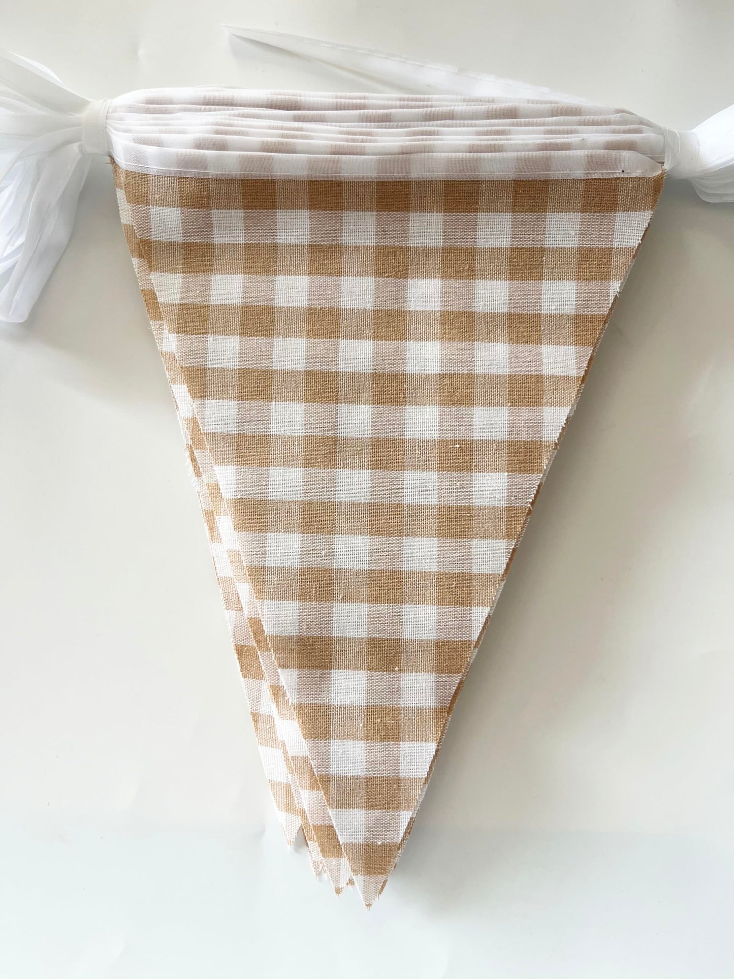 16 Meters 52ft Beige Khaki White Fabric Gingham Pennant Banner Double Sided Cotton Checkered Bunting Triangle Flags Neutral Party Decoration