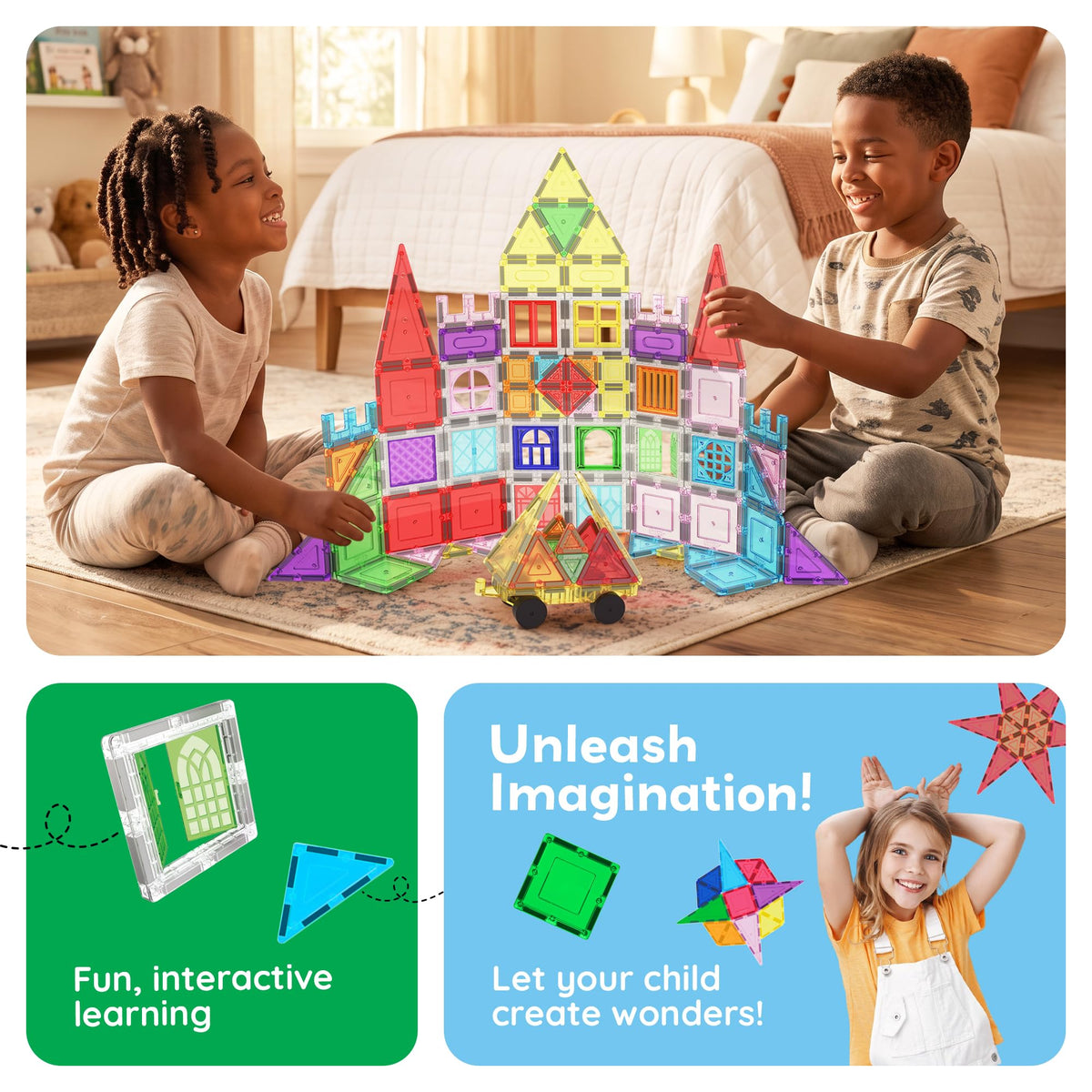 PicassoTiles 100PC Full Size & Travel Magnetic Tile Playset with Toy Bag