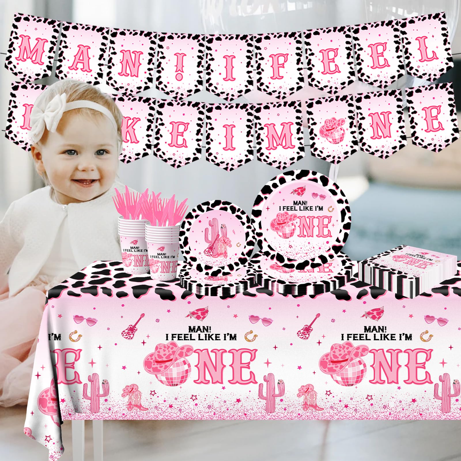 Western Cowgirl Birthday Party Decoration,142Pcs Pink Disco Cowgirl 1st Tableware Set I’m One Cowgirl Plates Napkins Cowgirl Tablecloth for My First