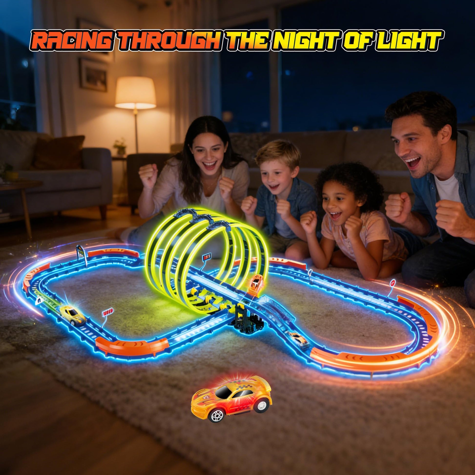 Glow Toy Car Race Track Set, 71 Pcs Glow-in-The-Dark Tracks for Kids Ages 3-8, Electric Speed Car Light-Up Whole Slot Track, Track-Building with 360°