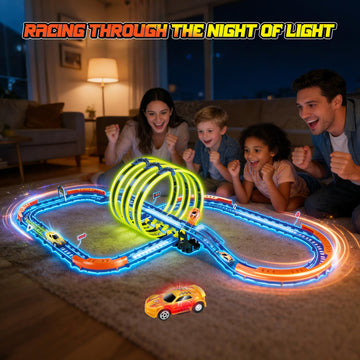Glow Toy Car Race Track Set, 71 Pcs Glow-in-The-Dark Tracks for Kids Ages 3-8, Electric Speed Car Light-Up Whole Slot Track, Track-Building with 360°