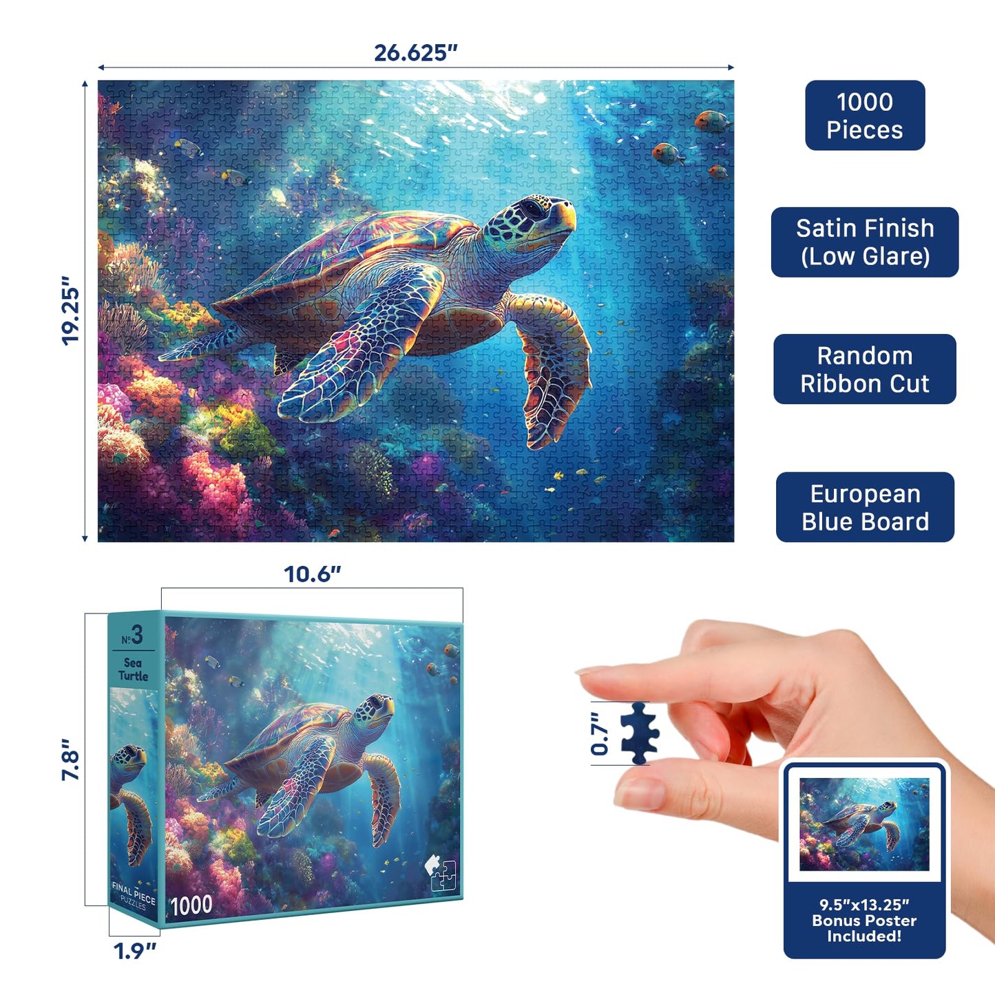 Sea Turtle (#3) - 1000 Piece Jigsaw Puzzle for Adults | Premium European Blue Board | Satin Low-Glare Finish | Ribbon Cut | Bonus Poster |