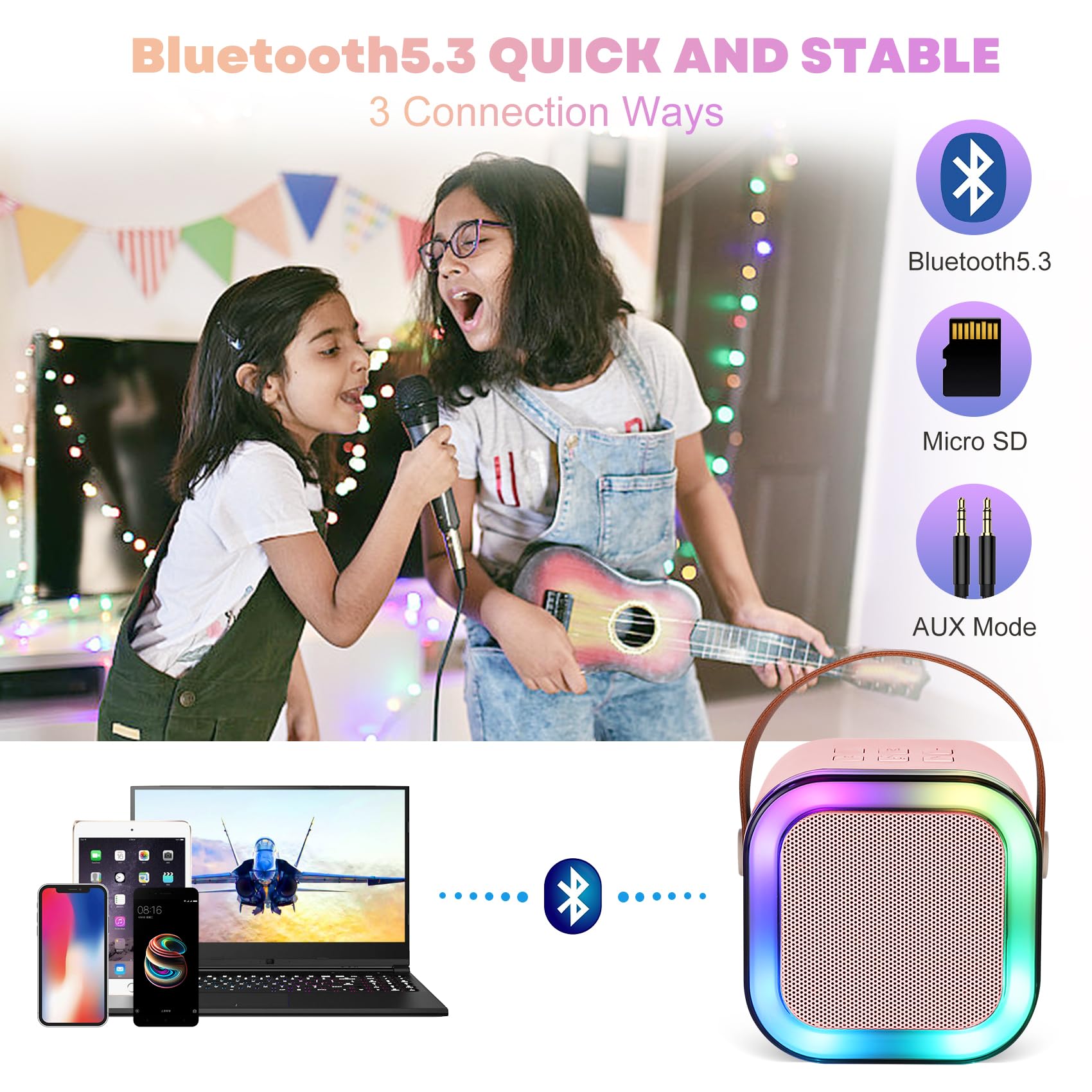 Mini Karaoke Machine, Portable Bluetooth Karaoke Speaker with 2 Wireless Microphones and Light for Family Home Party,Toys for Girls Boys Friends Age