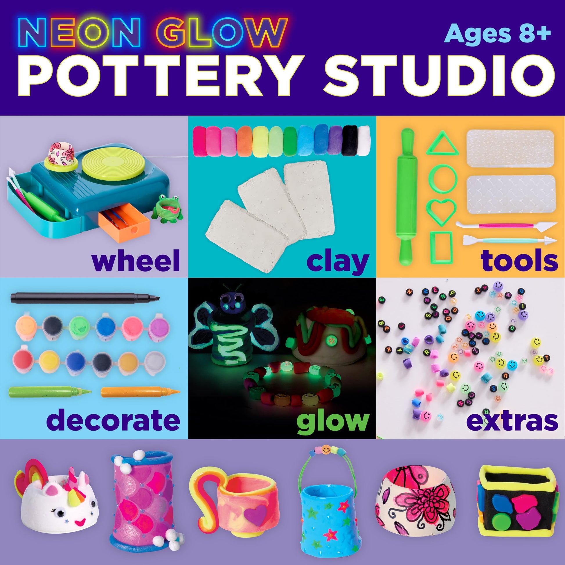 Faber-Castell Neon Glow Pottery Studio: Create Your Own Pottery Designs with USB-Powered Pottery Wheel, Air Dry Clay, Neon & Glow in The Dark Paints
