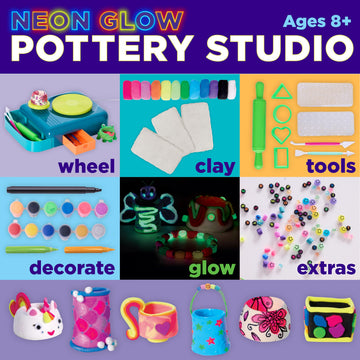 Faber-Castell Neon Glow Pottery Studio: Create Your Own Pottery Designs with USB-Powered Pottery Wheel, Air Dry Clay, Neon & Glow in The Dark Paints