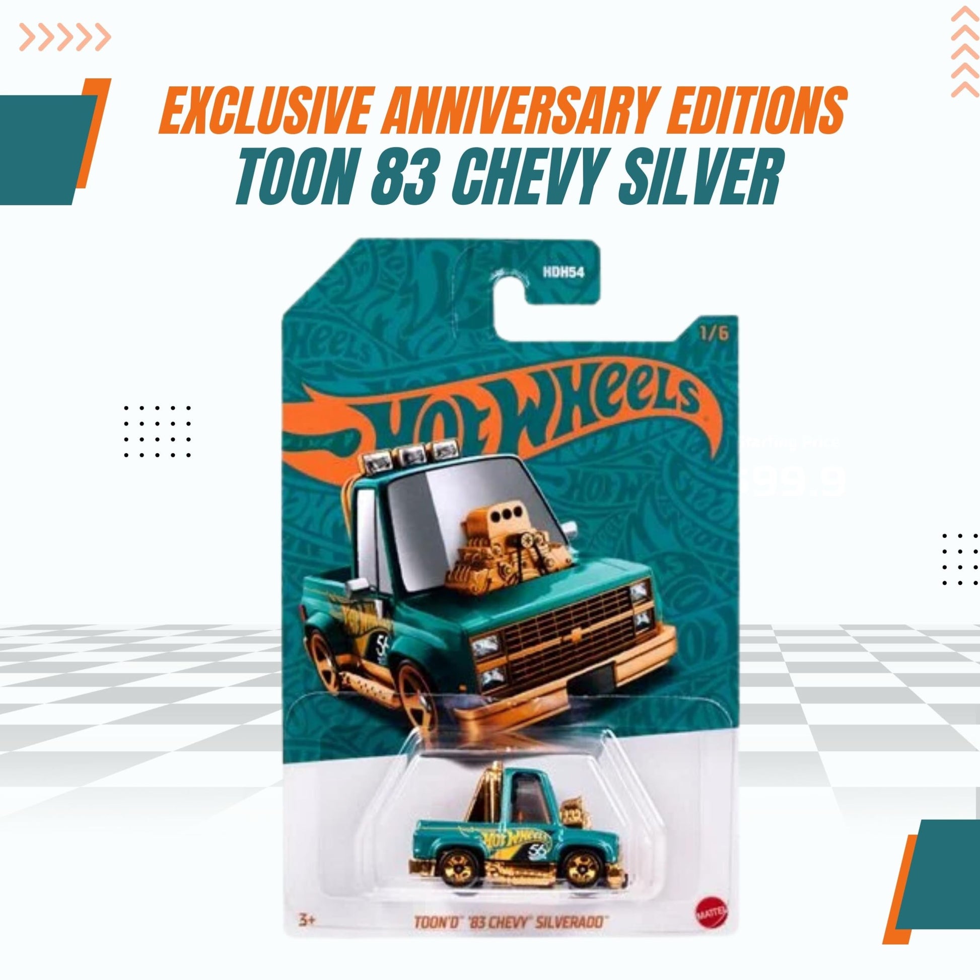 Worldwide Nutrition Bundle Compatible with Hotwheels 56th Anniversary Pearl and Chrome Toon’d ‘83 Chevy Silverado - Cartoon-Inspired Design Diecast