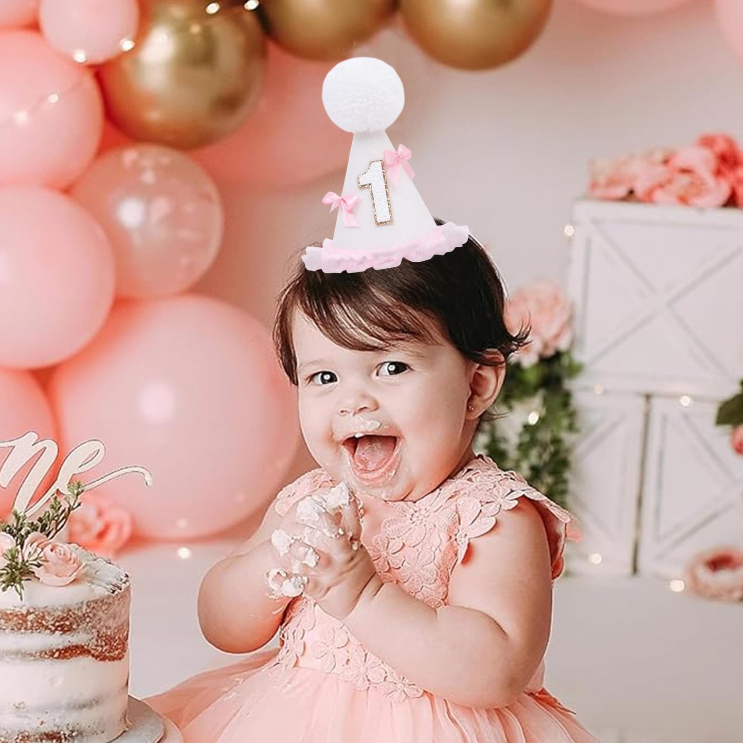WUTKYAX Pink Bow 1st Birthday Hat - Little Princess First Birthday Decorations,White Cone Hat with Bow,Birthday Cake Smash Party Photo Props,Sweet One