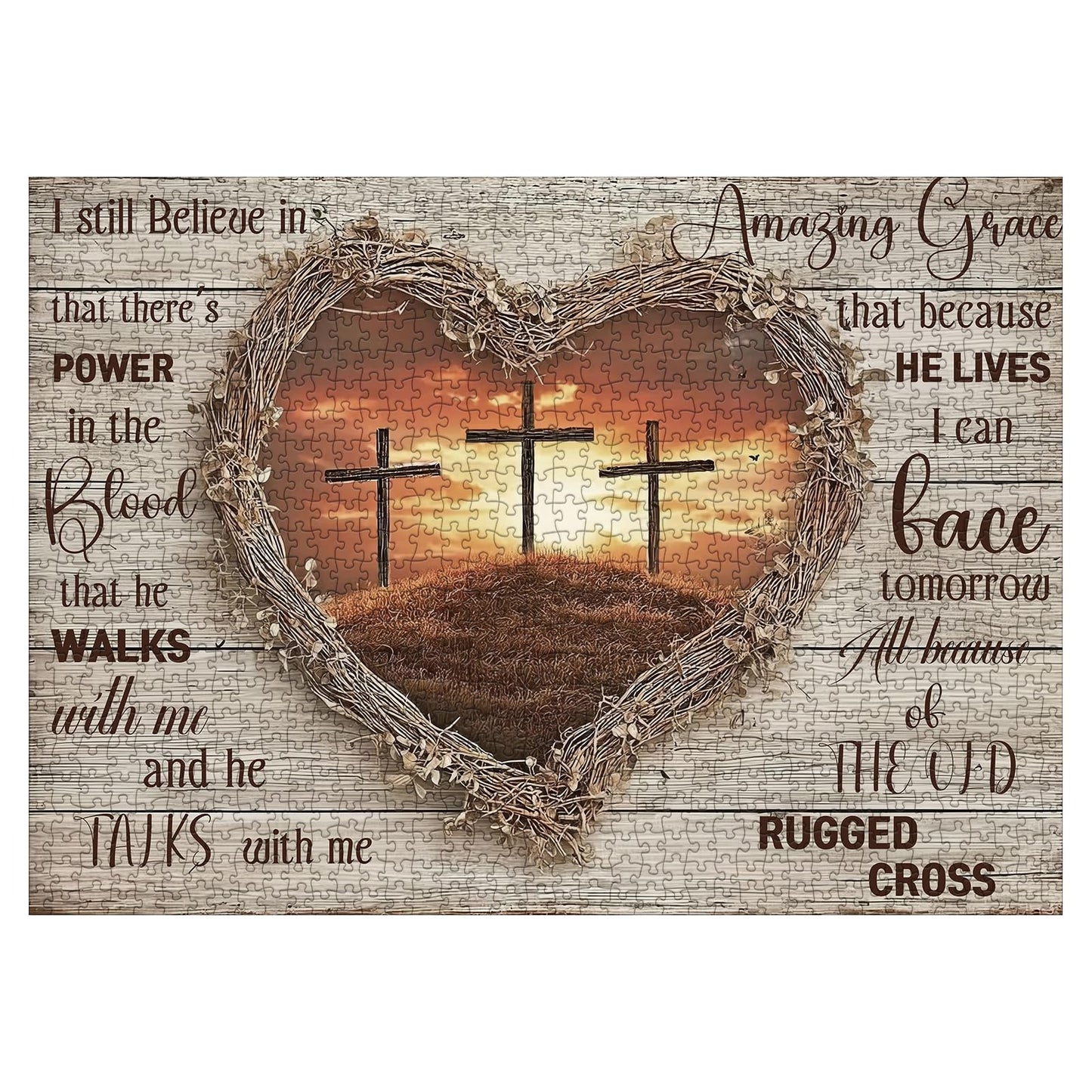 Larkipuzz Christian Heart Cross Puzzles for Adults 1000 Pieces, Vintage Love Religious Bible Jigsaw Puzzle, Inspirational Scripture Sunset Landscape