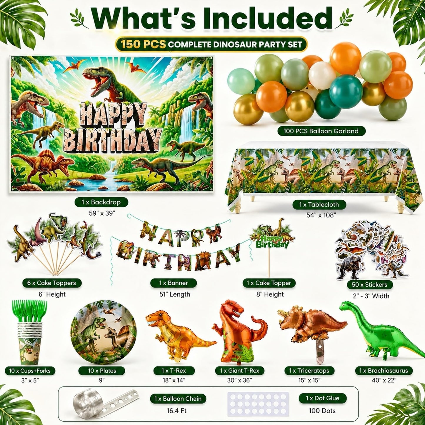 Dinosaur Birthday Decorations for Boys, 150 PCS Jurassic Dino Party Supplies with Backdrop, Dinosaur Balloons, Banner, Tablecloth, Cake Toppers