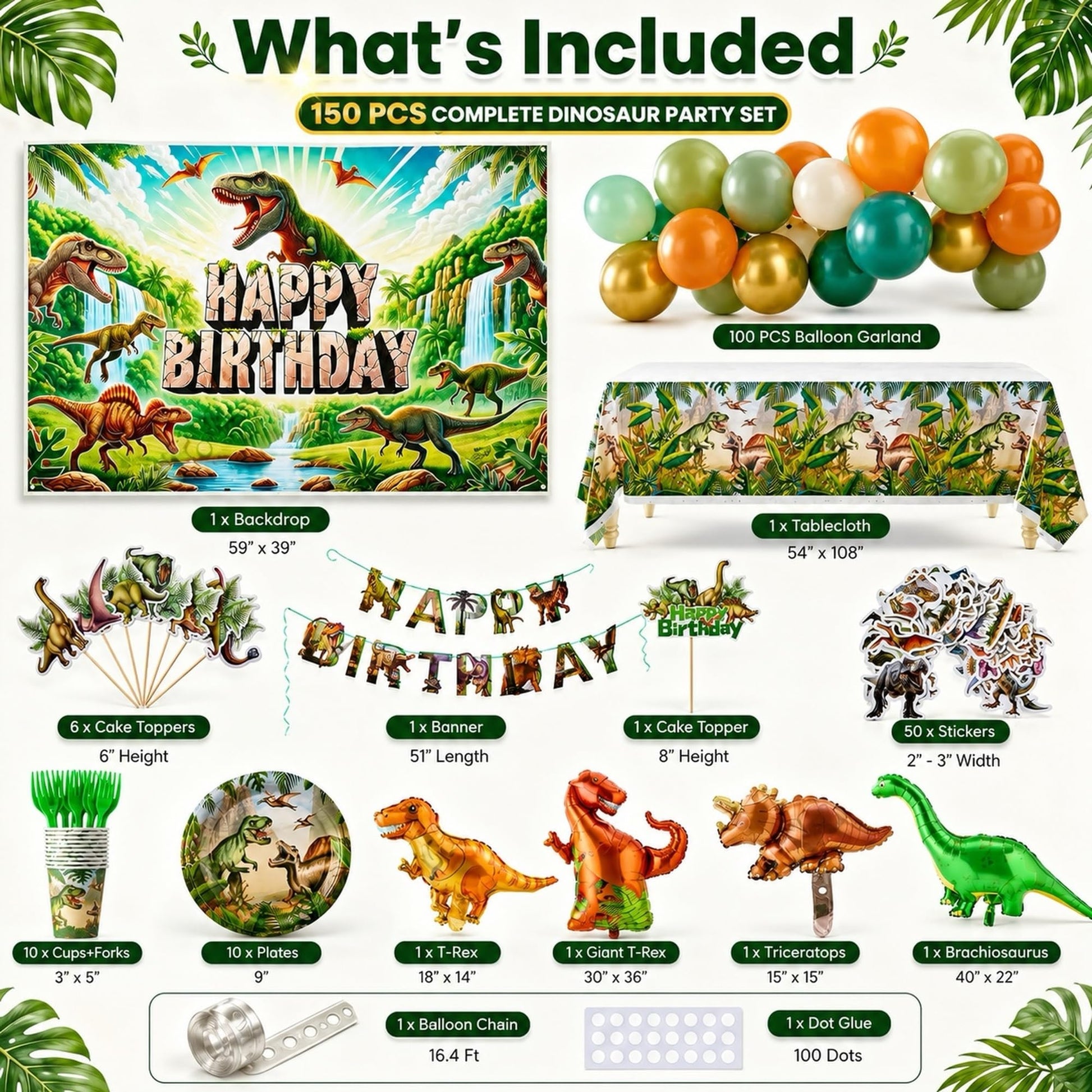 Dinosaur Birthday Decorations for Boys, 150 PCS Jurassic Dino Party Supplies with Backdrop, Dinosaur Balloons, Banner, Tablecloth, Cake Toppers