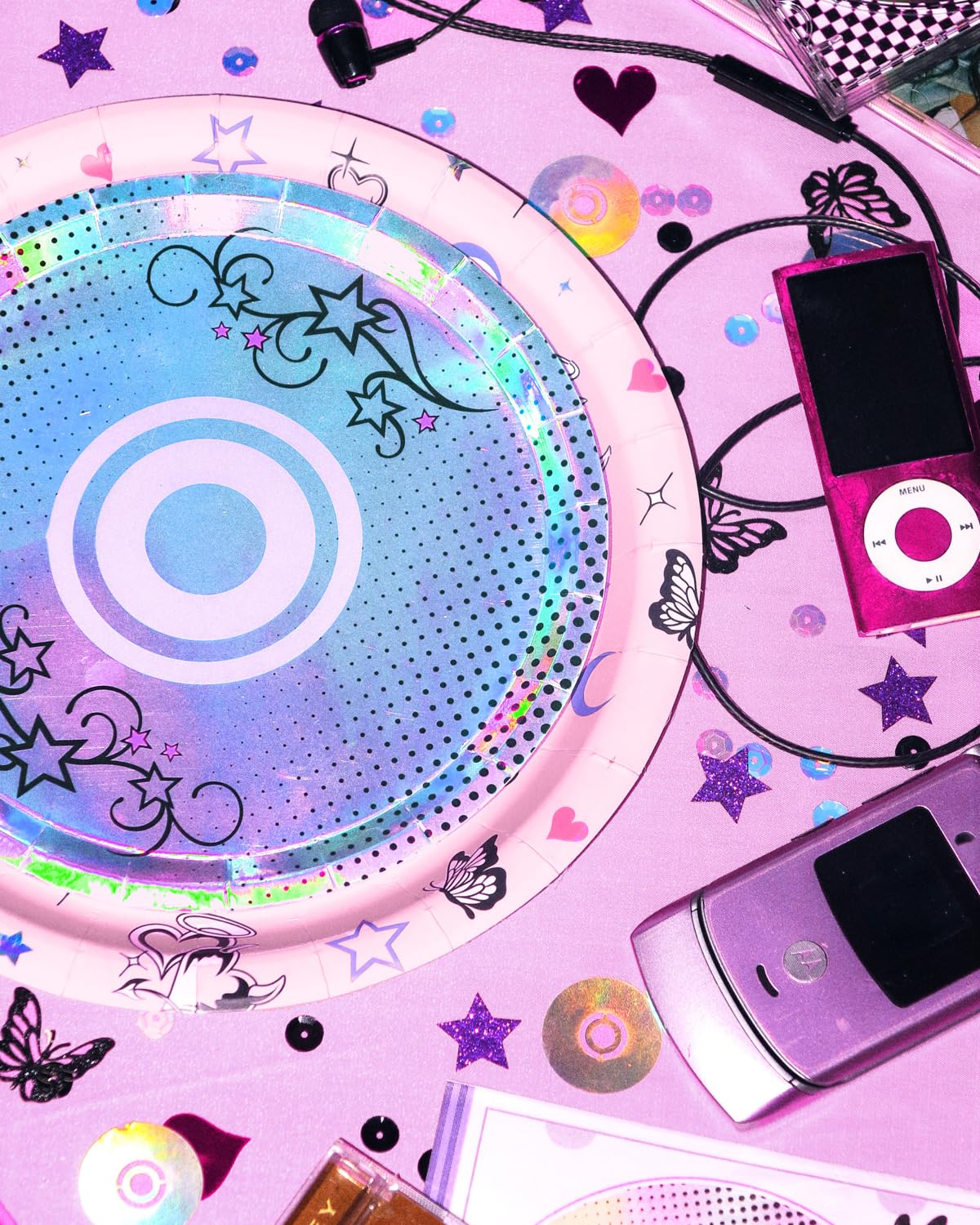 xo, Fetti Y2K Plate Set - 32 Paper Plates, 16 9" plates + 16 7" plates | Birthday Party, Retro CD 90s 2000s Theme, Butterfly, Iridescent Foil, Pink