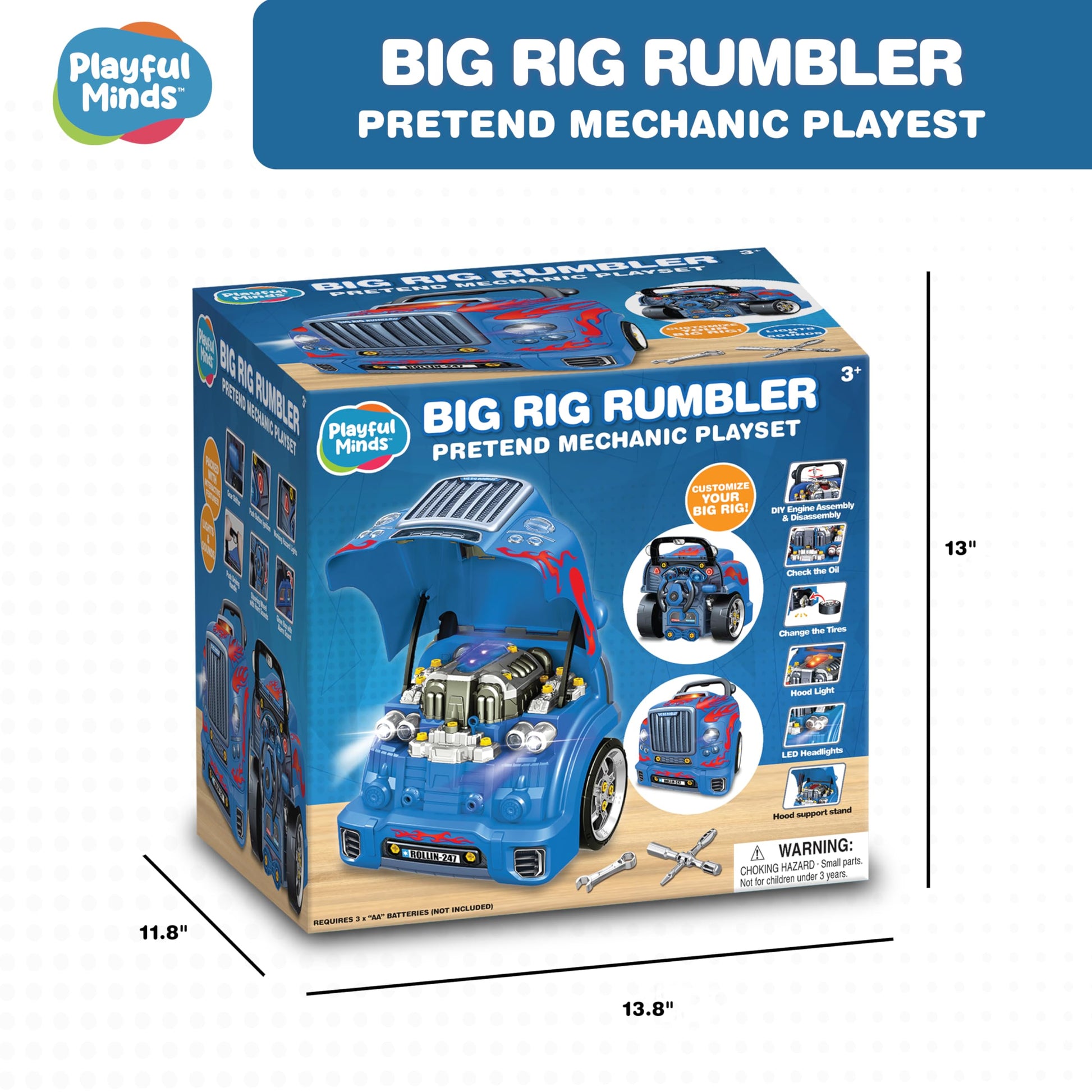 Playful Minds Interactive Large Truck Engine Toy for Kids - Complete Mechanic Repair Kit with Removable Parts, Lights, Sounds, Tools, Engine Builder