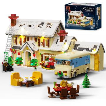 PleyWalden Christmas Village Building Blocks Set with LED Lights, 2098pcs Snow Cabin & Camper Holiday Scene Model Kit, Winter Vacation Building Toy