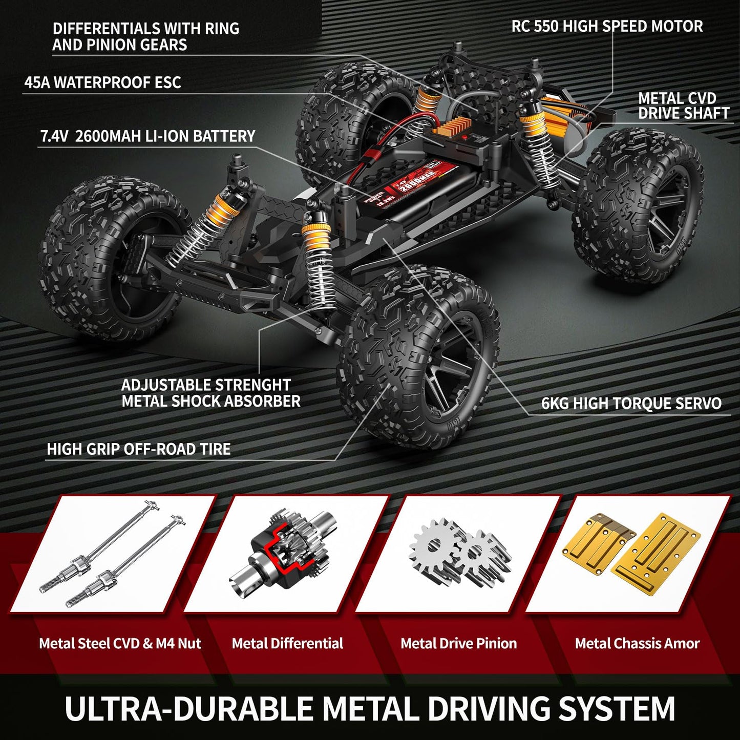 YESHIN 1:10 Large RC Car 45km/h High Speed Off-Road Truck, Waterproof Electric Powered RC Cars All Terrain Toys with 2 Rechargeable 2600mAh Batteries
