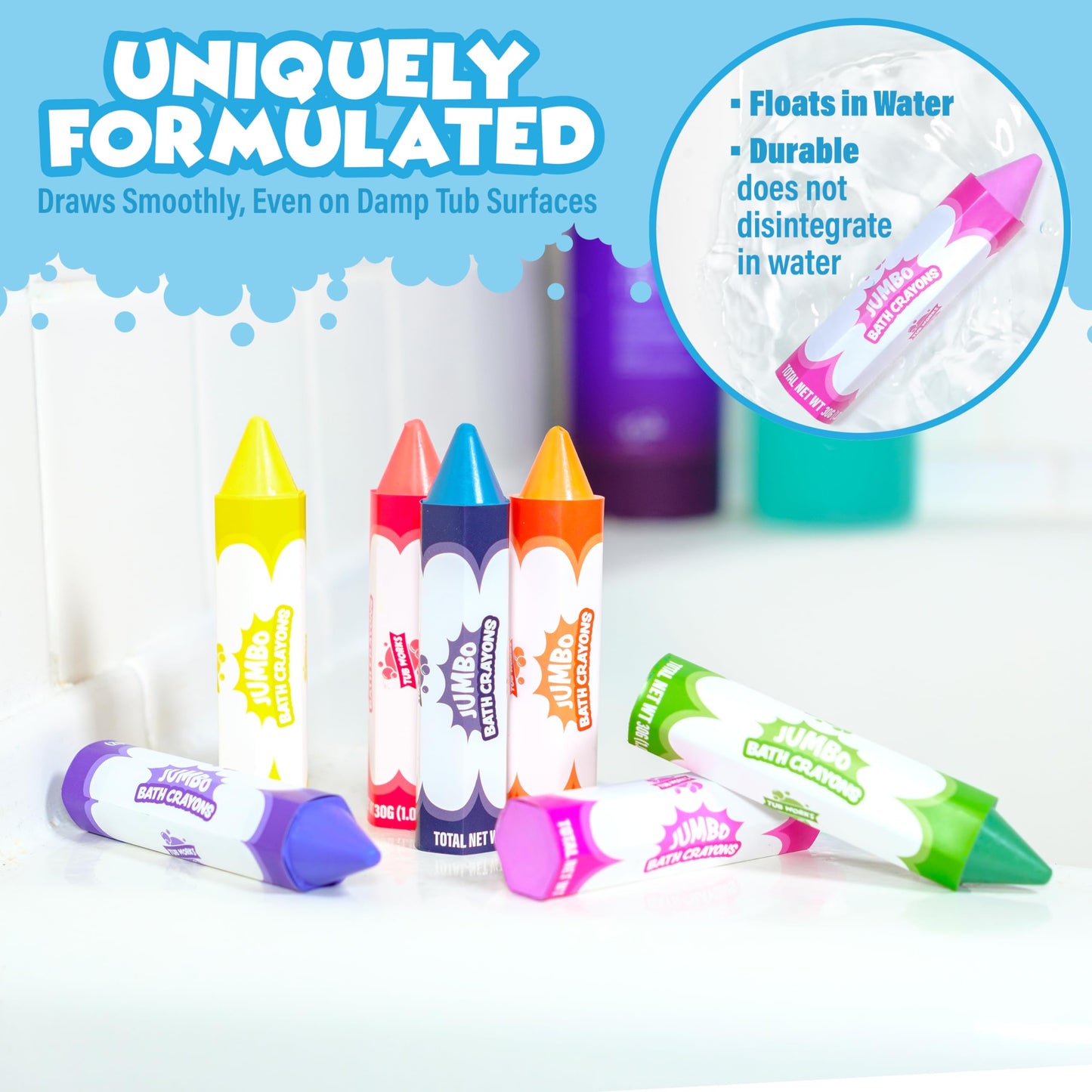 Tub Works® Smooth™ Jumbo Bath Crayons Bath Toy | Nontoxic, Washable Bath Crayons for Toddlers & Kids | Unique Formula Draws Smoothly & Vividly on Wet