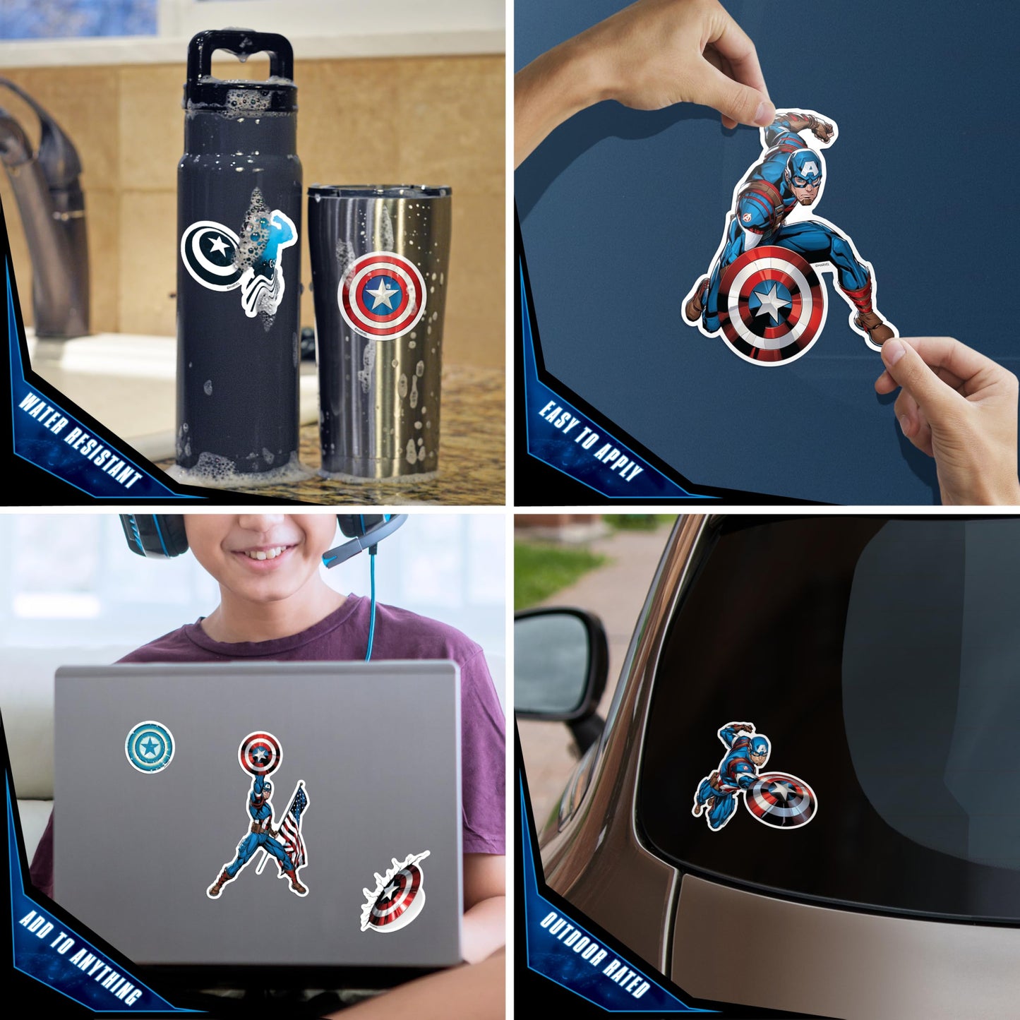 Marvel Captain America Vinyl Decals - Set of 9 Outdoor Rated Stickers for Car, Laptop, Computer, Water Bottle - Marvel Stickers for Kids and Adults