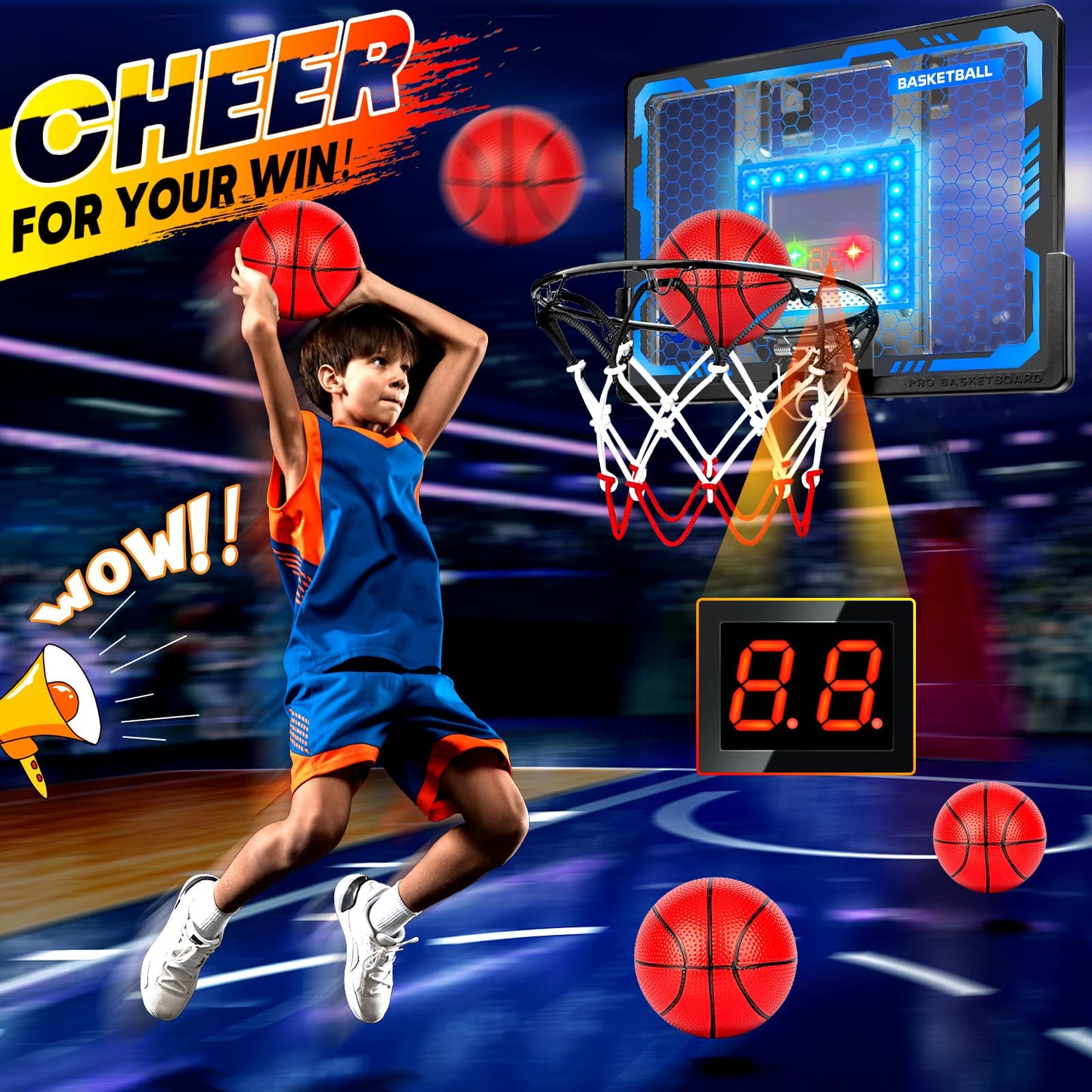 Indoor Basketball Hoop Pro for Kids, Over The Door Basketball Hoop with LED Light/Scoreboard/4 Balls- Upgraded Anti-Impact Backboard, Basketball Toys