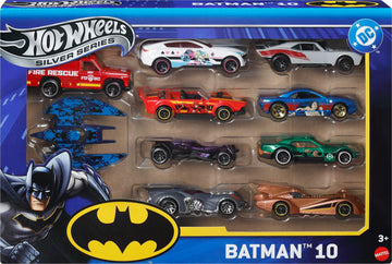 Hot Wheels Toy Cars, Batman-Themed 10-Pack, Set of 10 Die-Cast Vehicles Including a Batmobile & a Batplane in 1:64 Scale (Styles May Vary)
