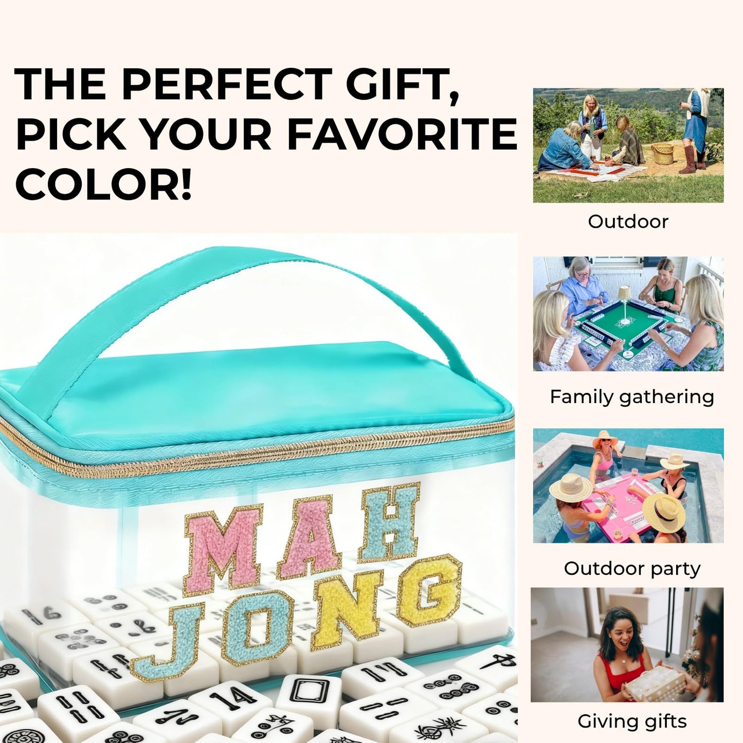 Loyipu PVC Transparent Mahjong Carry Bag with Embroidered MAH Jong - Mint Green/Purple/Pink | Fits Standard American Mahjong Tiles, Dice & Scorecards