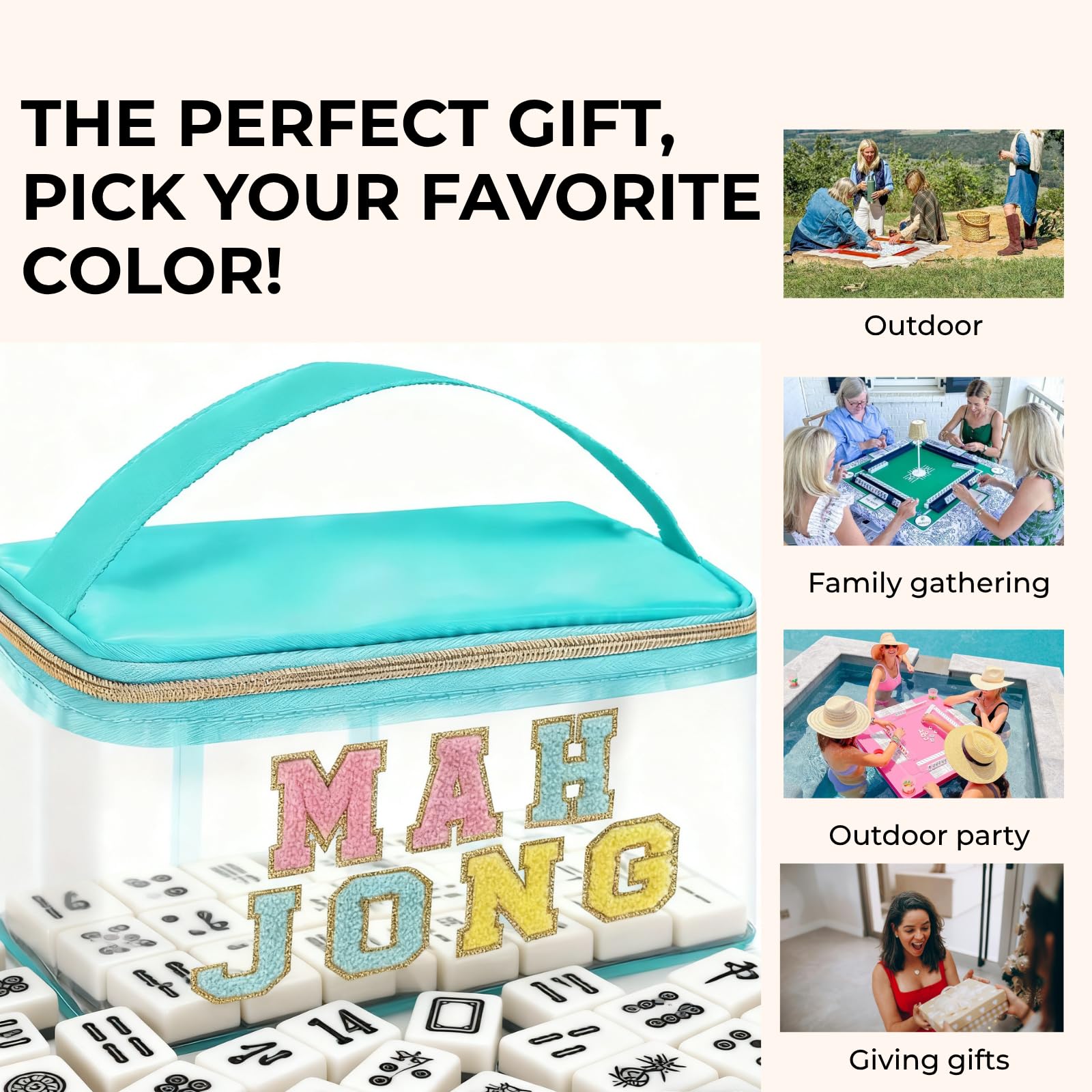 Loyipu PVC Transparent Mahjong Carry Bag with Embroidered MAH Jong - Mint Green/Purple/Pink | Fits Standard American Mahjong Tiles, Dice & Scorecards