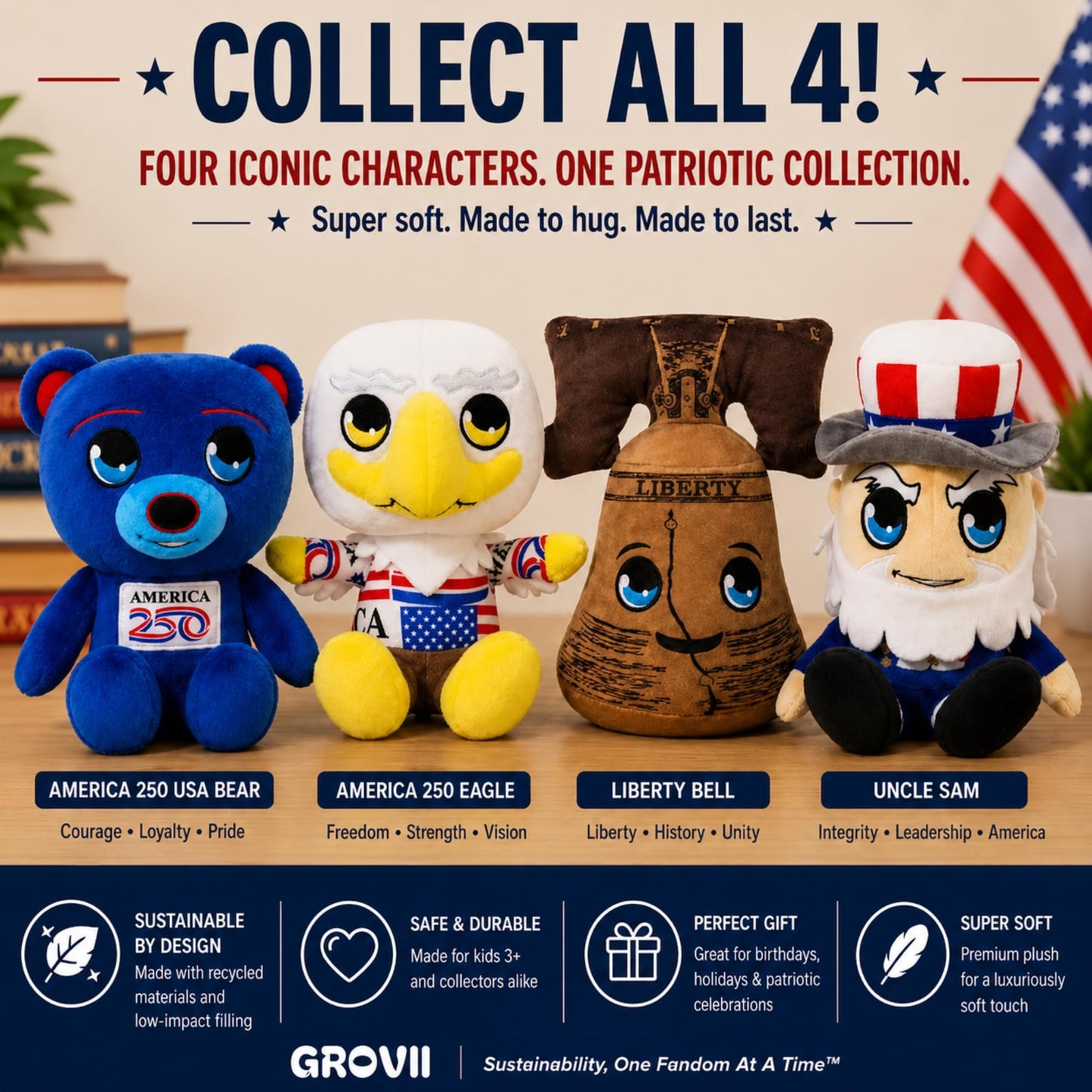 Grovii America 250 Liberty Bell Midori Plushie, 8” Official Chibi Plush, Sustainable + Handcrafted