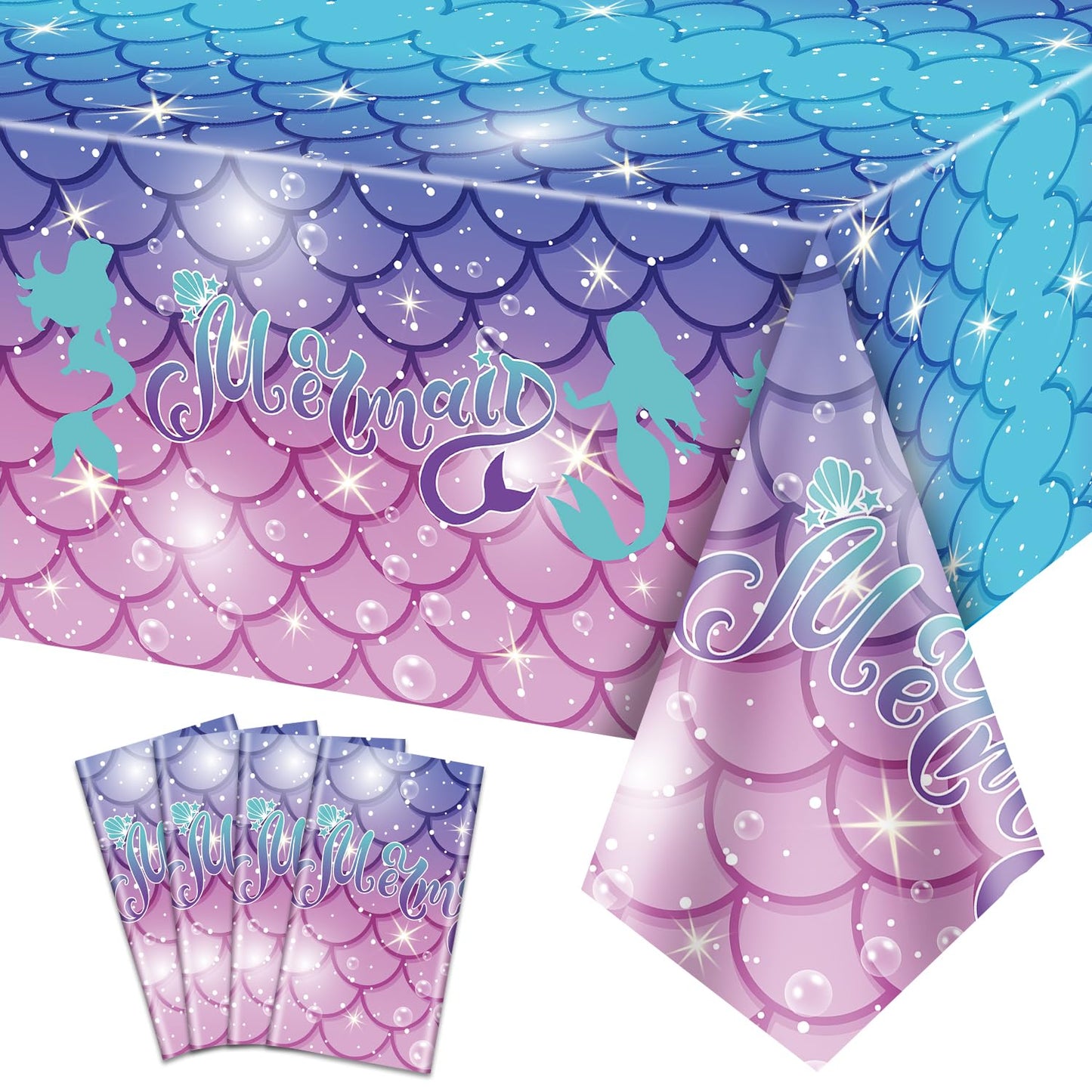 4 Pcs Rectangular Mermaid Table Covers, Disposable Table Cloths for Parties Under the Sea Baby Shower Mermaid Birthday Decorations, 51x86 Inch