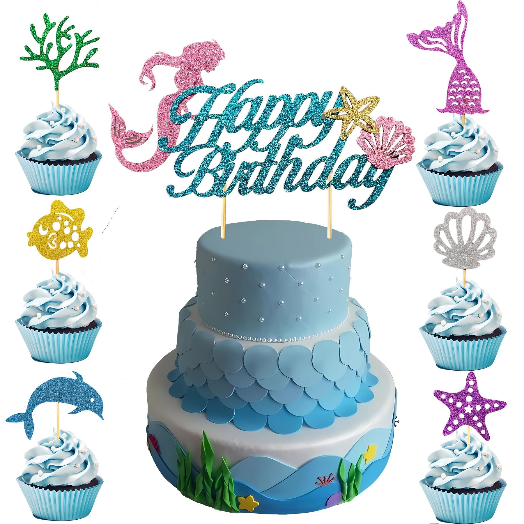 13 Pcs Mermaid Birthday Cake Toppers Set - Sparkling Ocean Theme Decor with Happy Birthday Topper and 12 Colorful Undersea Elements Cupcake Picks