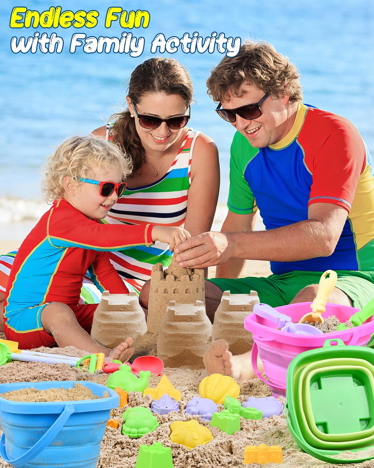 Collapsible Beach Sand Toys for Kids Toddlers with Sand Bucket, Marine Animal Molds, Castle Building Molds, Shovels, Storage Mesh Bag, Travel Sand