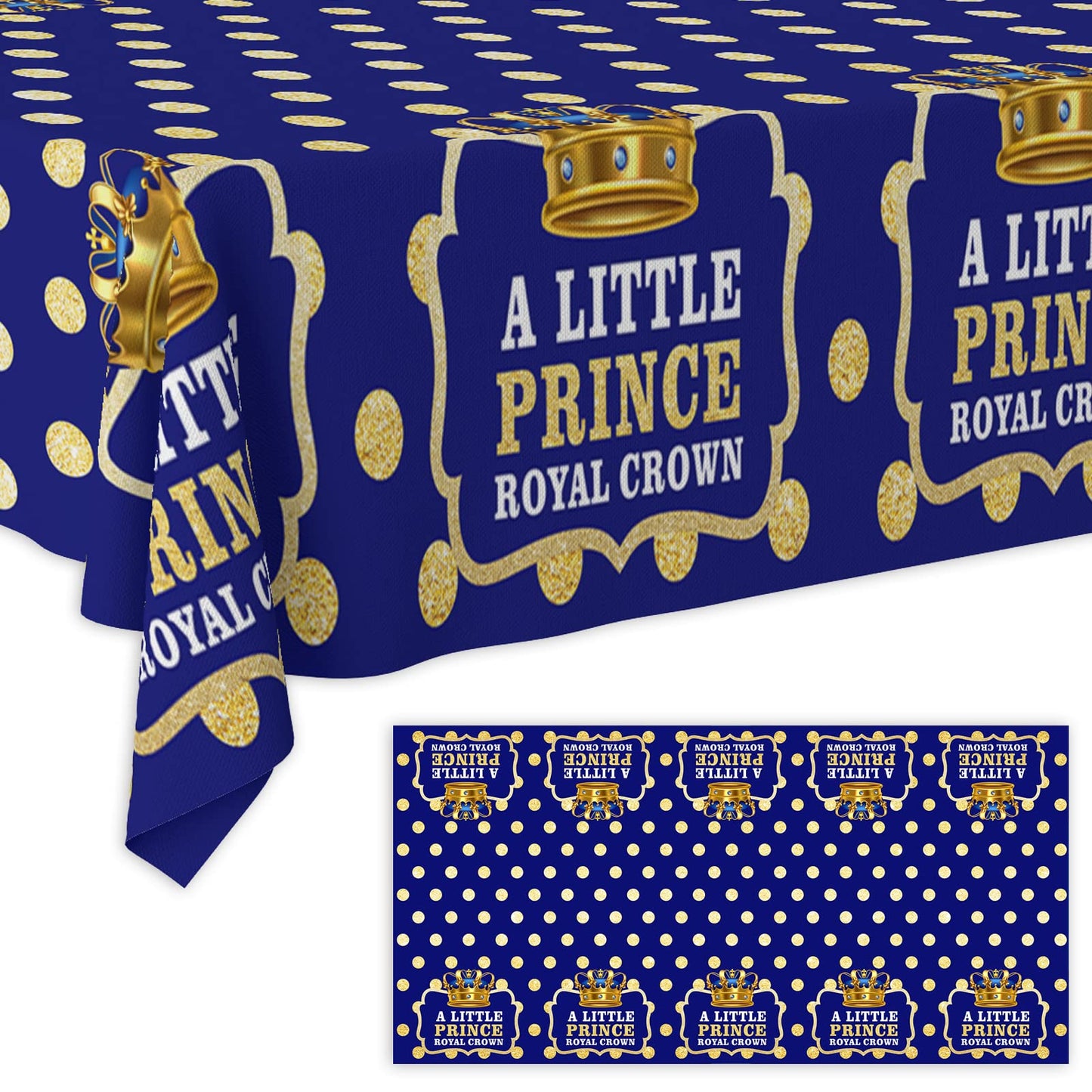 Junliang A Little Prince Royal Crown Tablecloth Blue Gold Dot Sequin Printed Table Cover Decoration for Little Prince Theme Party Kids Boy Baby Shower