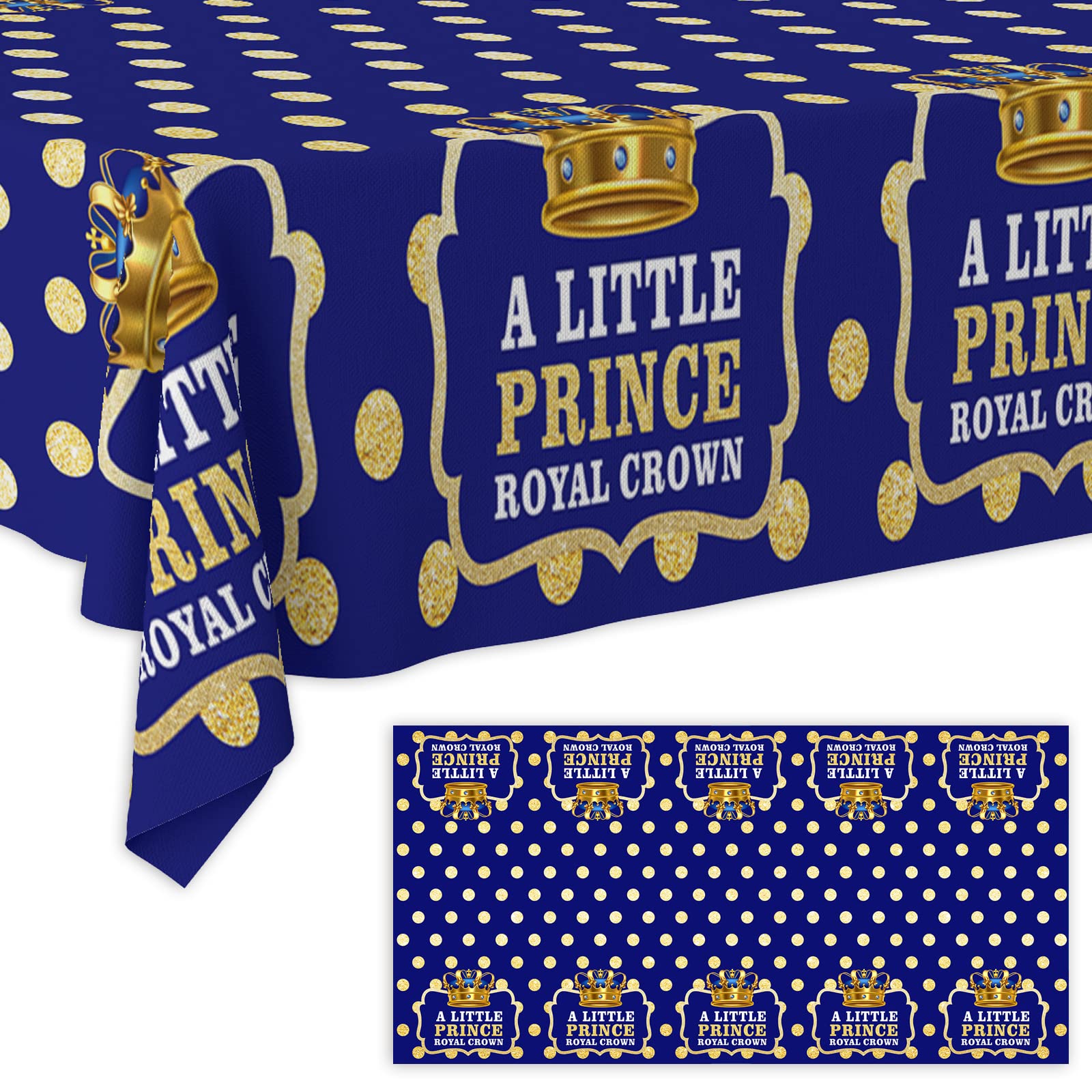Junliang A Little Prince Royal Crown Tablecloth Blue Gold Dot Sequin Printed Table Cover Decoration for Little Prince Theme Party Kids Boy Baby Shower