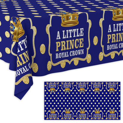 Junliang A Little Prince Royal Crown Tablecloth Blue Gold Dot Sequin Printed Table Cover Decoration for Little Prince Theme Party Kids Boy Baby Shower