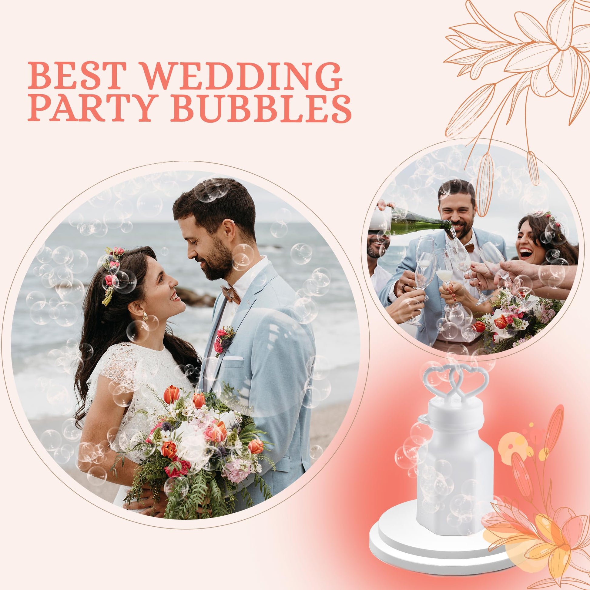 Wedding Bubble Wands (48 Count) White Double Heart Wedding Favor Bubbles