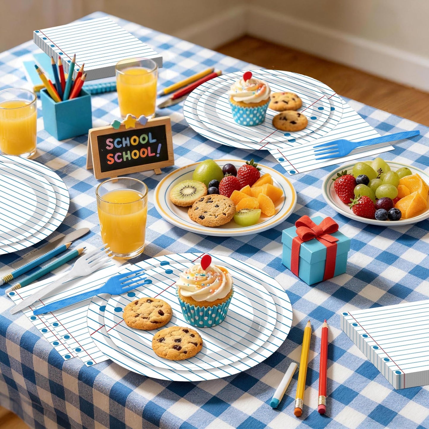 100 Pcs Back to School Party Supplies - Serves 25, Notebook Lined Paper Disposable Tableware, Includes Paper Plates, Napkins, and Plastic Forks