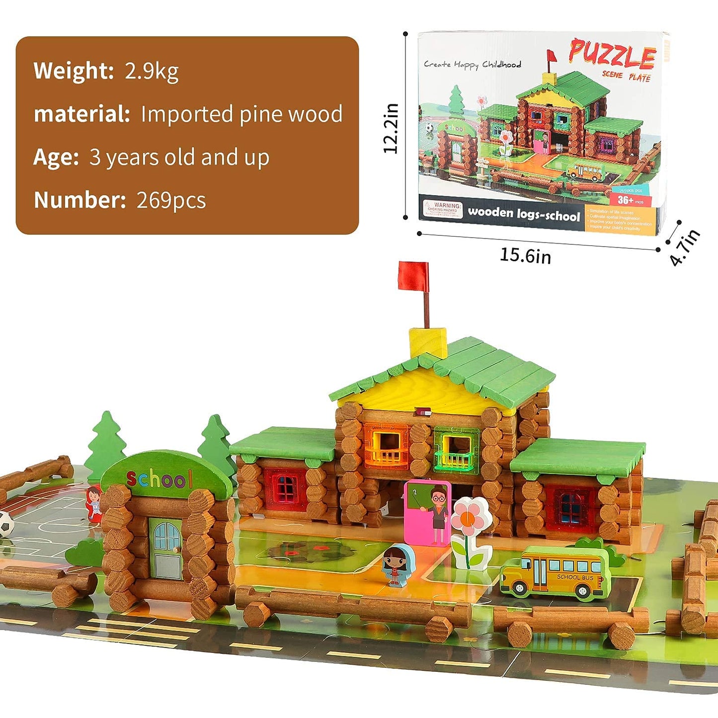 Wondertoys 269 Pieces Real Wood Logs Set Ages 3+, Classic Building Log Gift Set for Boys/Girls- Creative Construction Engineering - Top Blocks Game