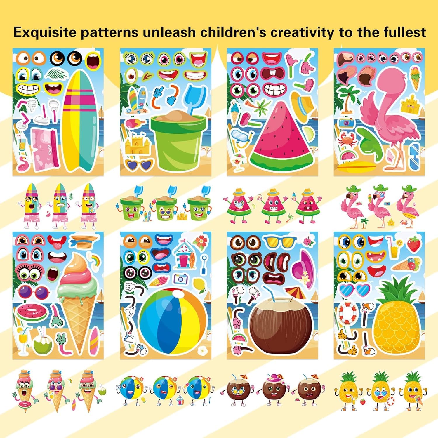 32 Sheets Summer Stickers for Kids, Make a Face Sticker Hawaii Tropical Pool Beach Stickers, Make Your Own Watermelon Pineapple Flamingo Sticker