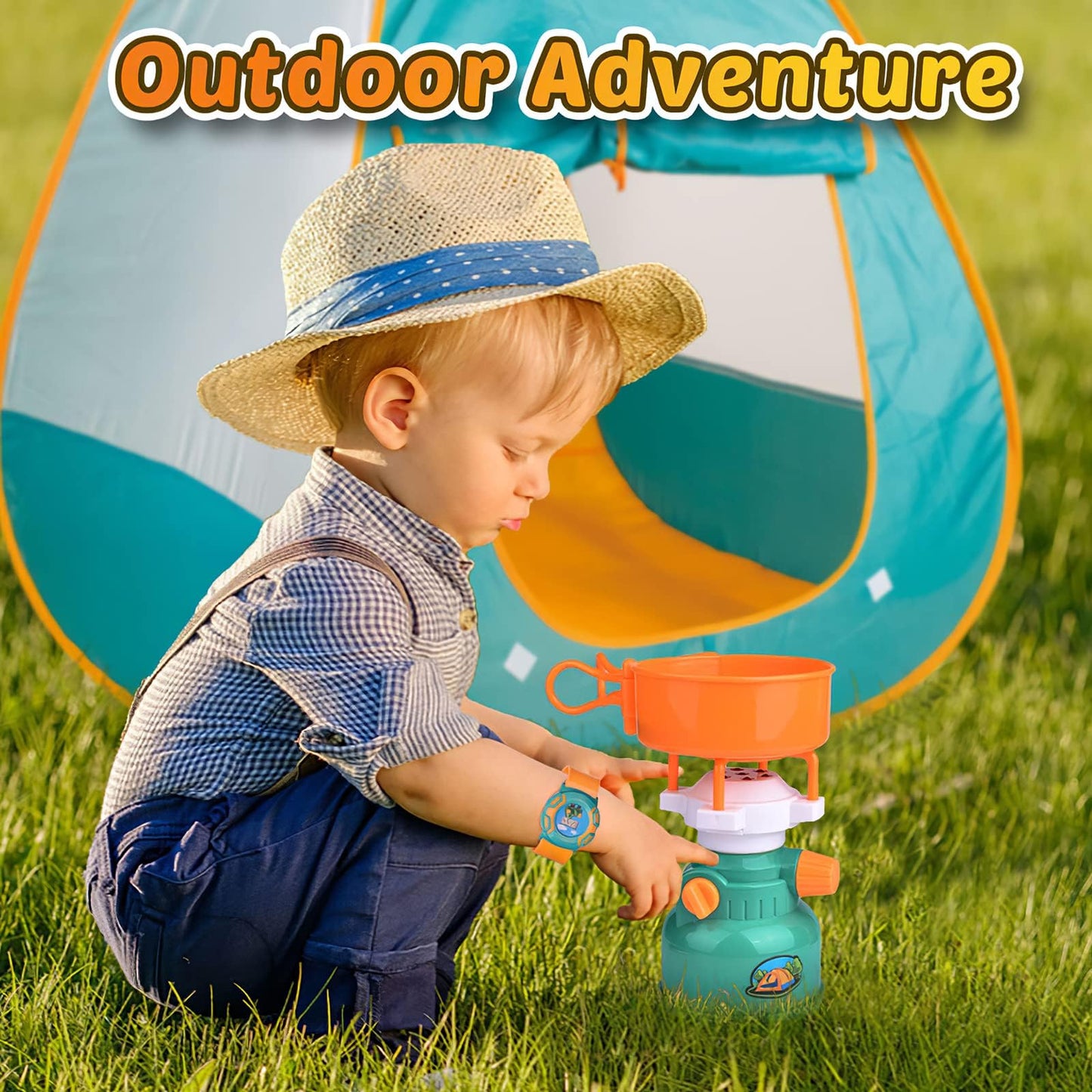 FUN LITTLE TOYS Pop Up Play Tent with Camping Gear and Tools Set, Outdoor Toys for Kids