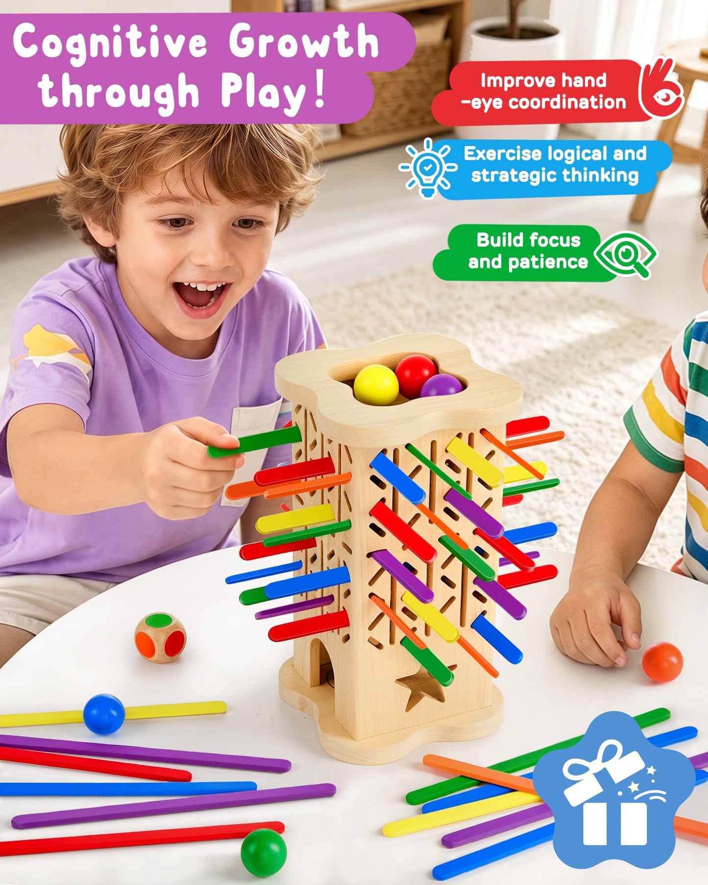 Montessori Wooden Board Game for Kids 3-8, Fine Motor Skills Toy 42 Strips