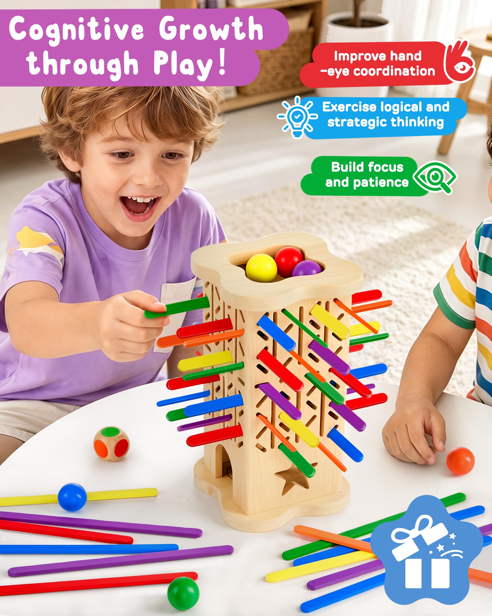 Montessori Wooden Board Game for Kids 3-8, Fine Motor Skills Toy 42 Strips