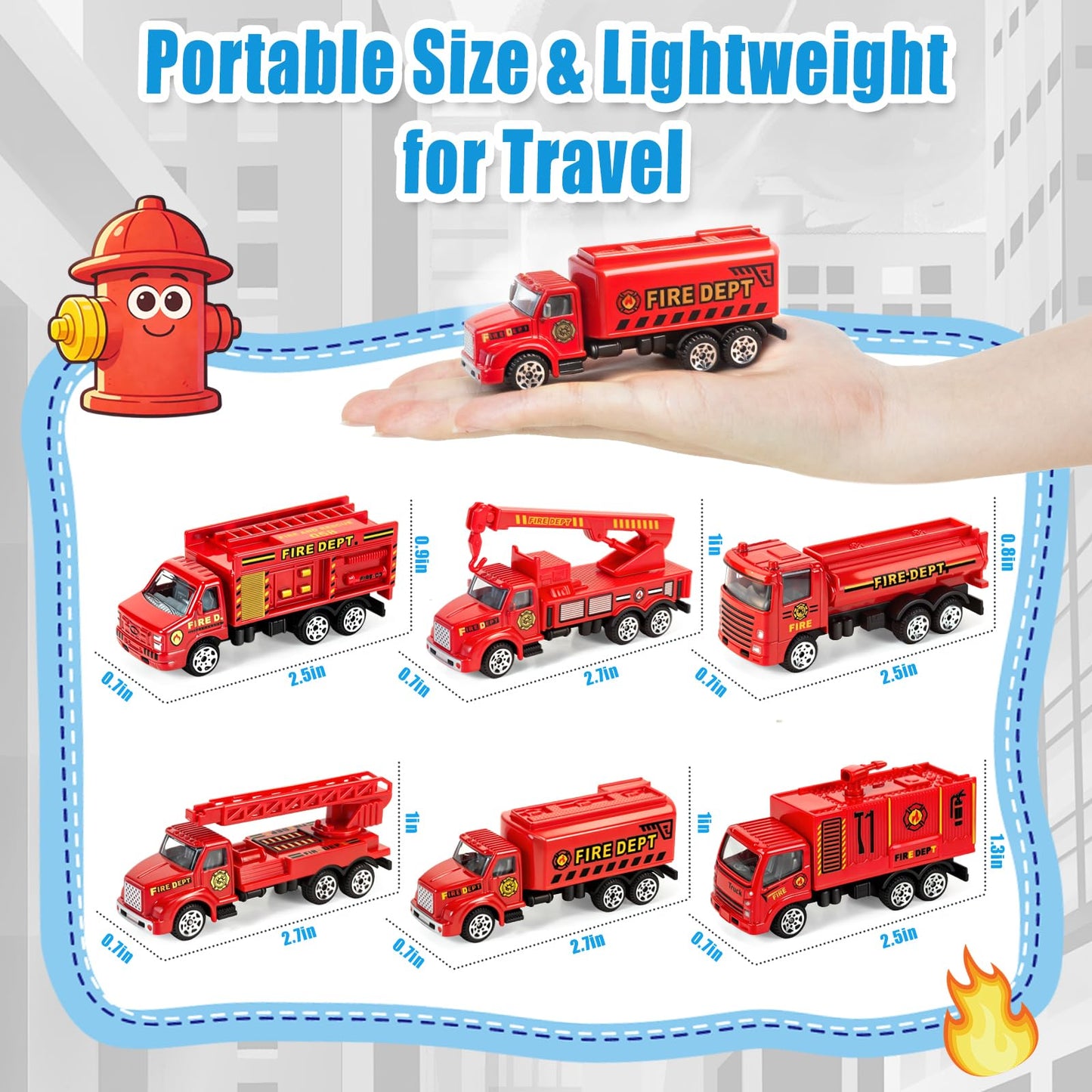 QUANA 6 Pack Fire Truck Playset, Alloy Mini Firetruck Toys for Toddlers 3-5