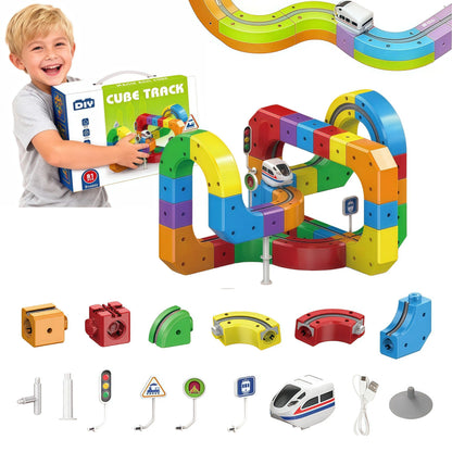 81PCS 3D Building Cube Track - Magical Track Train USB Rechargeable, DIY Race Car Track Building Kits with Signs,Rail Cube Magnetic Monorail, STEM