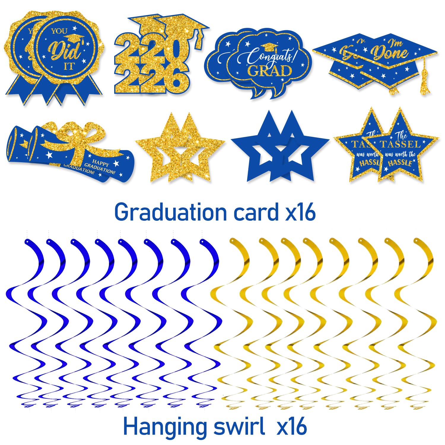 16 PCS Blue and Gold Graduation Decorations Class of 2026, Graduation Hanging Swirls Blue and Gold Congrats Grad Hanging Swirl for Grad Party Supplies