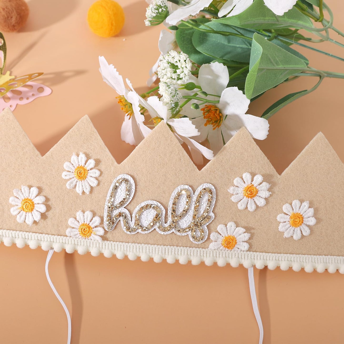 YOUAME Daisy Half Birthday Crown - Boho Party Decorations, Girls 1/2 Birthday Outfit, Bohemian Decor and Smash Cake Photo Props