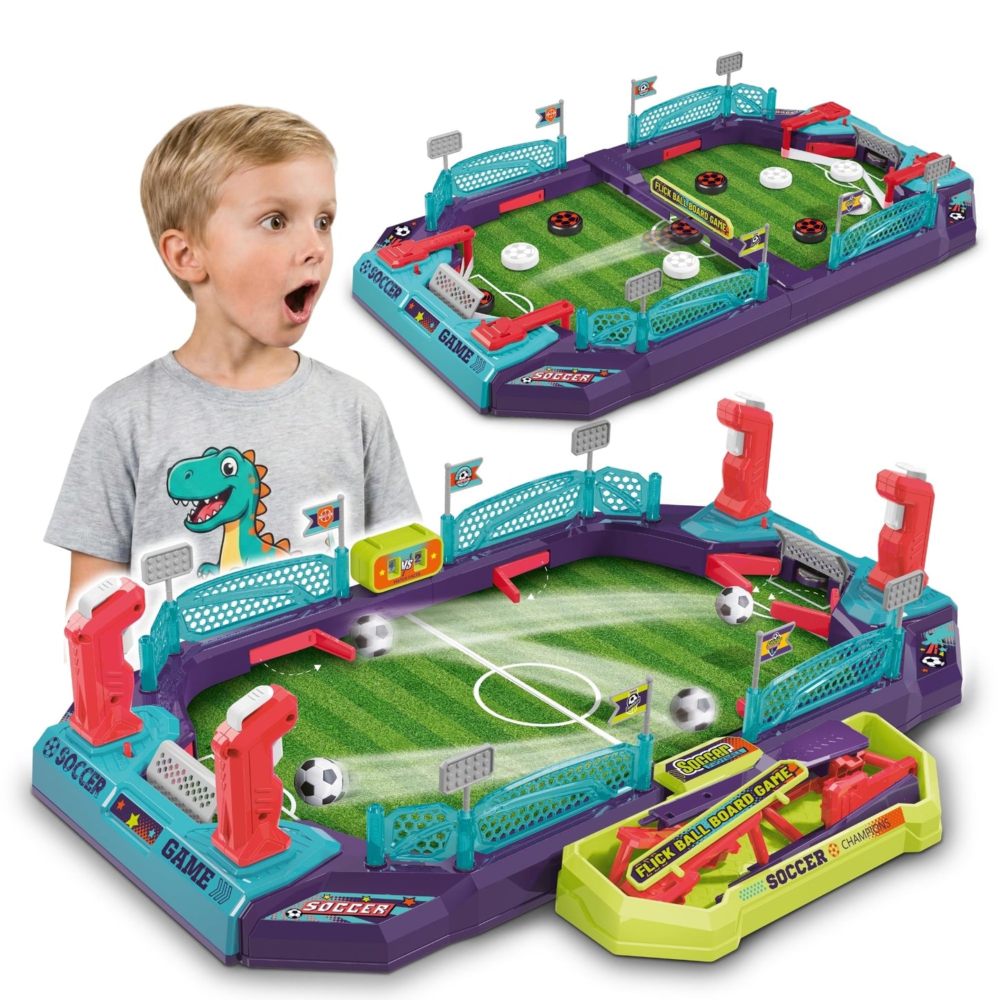 OLEOCA Soccer Board Game - 2 in 1 Foosball & Sling Puck Game Set with Dual Control Handles, Scorekeeper and Goal Bell, Soccer Toys for Kids Ages 3+