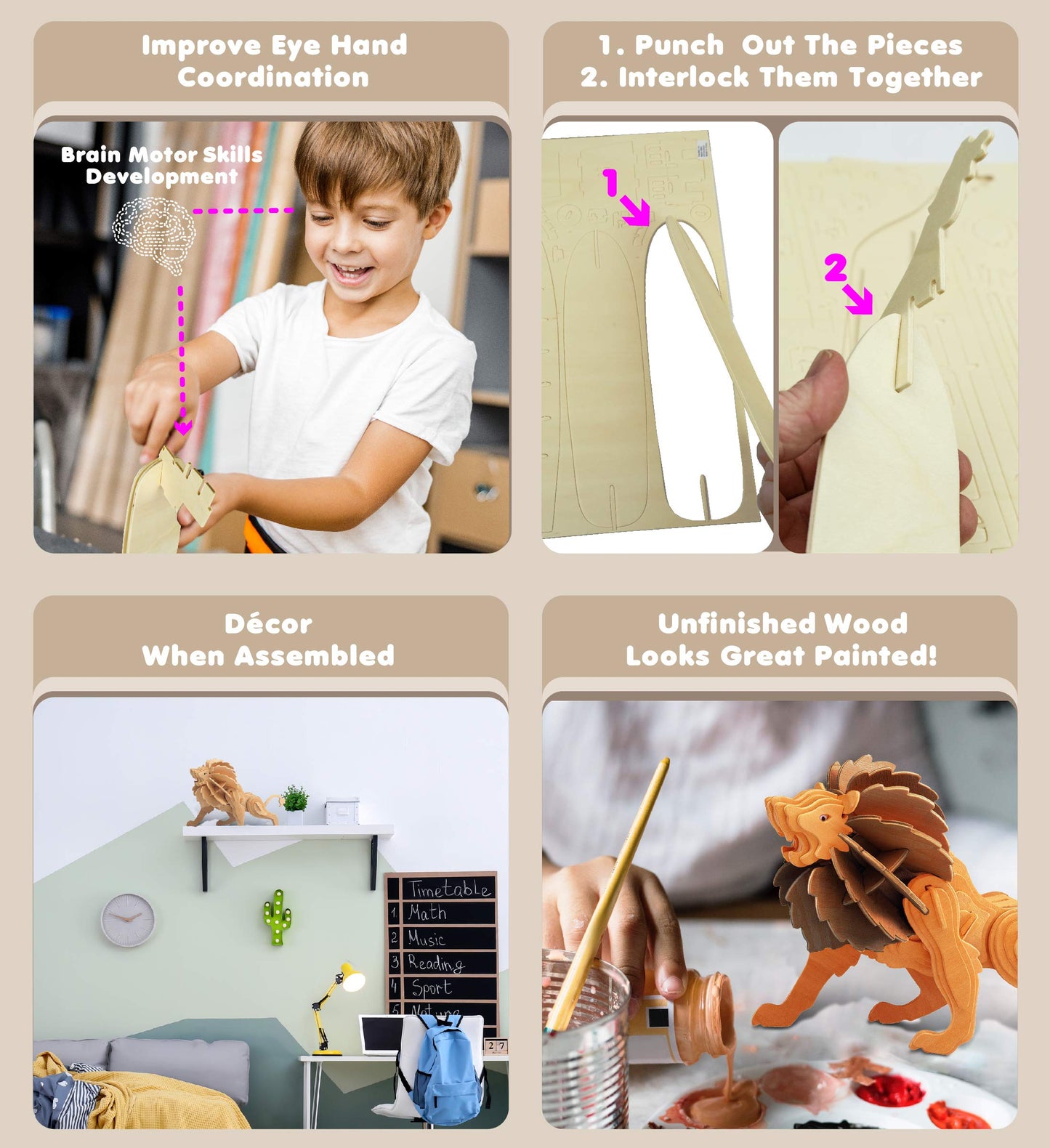 Puzzled 3D Puzzle Lion Wood Craft Construction Model Kit, Unique & Educational DIY Wooden Toy Assemble Model Unfinished Crafting Hobby Safari Animal