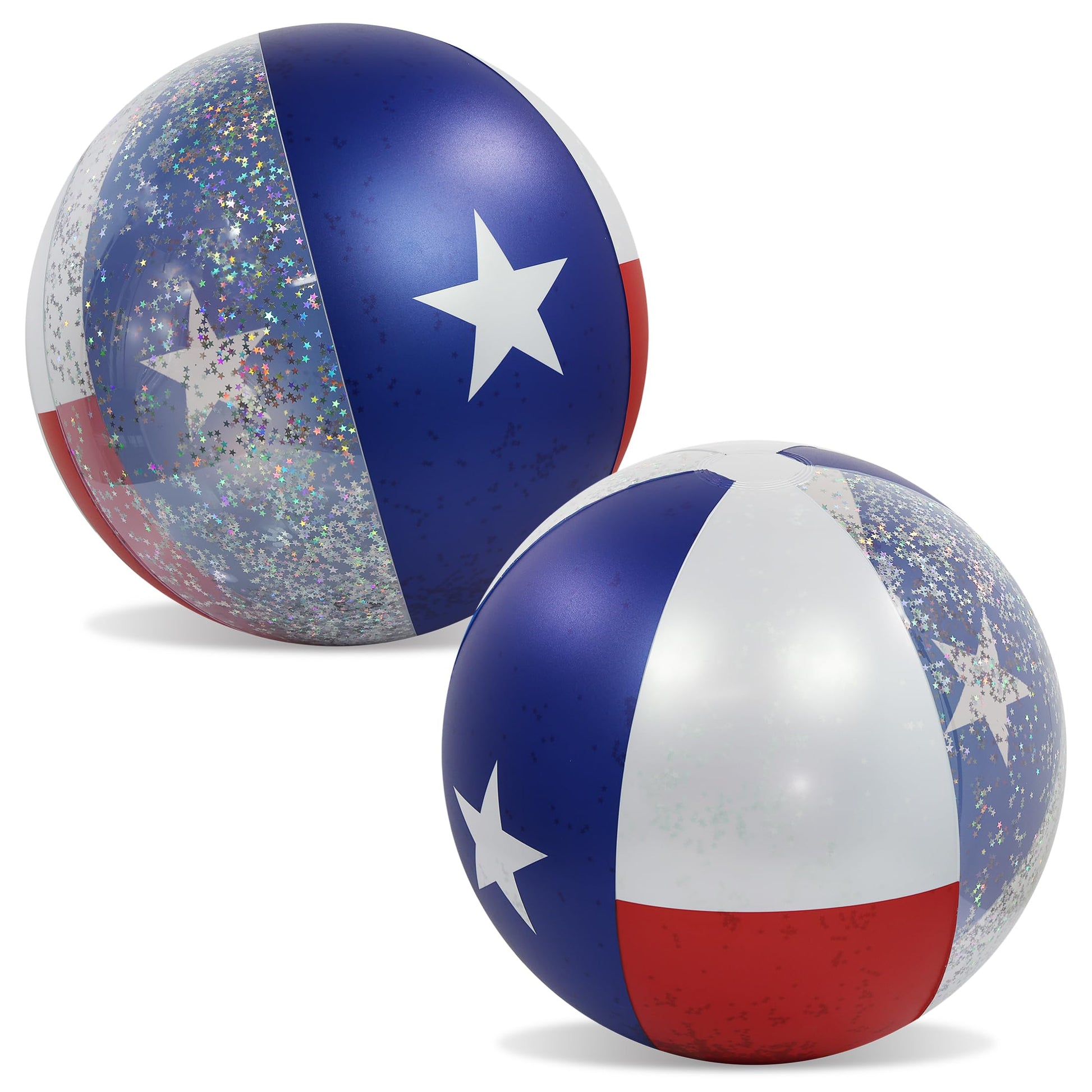 POZA Set of 2 Texas Flag Inflatable Beach Balls - 16 Inch Beach Balls with Sparkly Silver Star Confetti Design, PVC Vinyl Inflatable Pool Toys