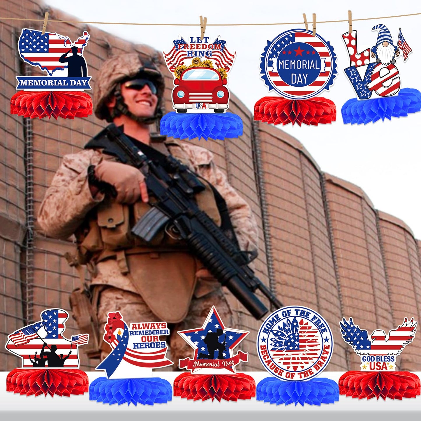 12PCS Memorial Day Decorations Memorial Day Honeycomb Centerpieces Patriotic Centerpieces for Table 4th of July Decorations Patriotic Decorations Red