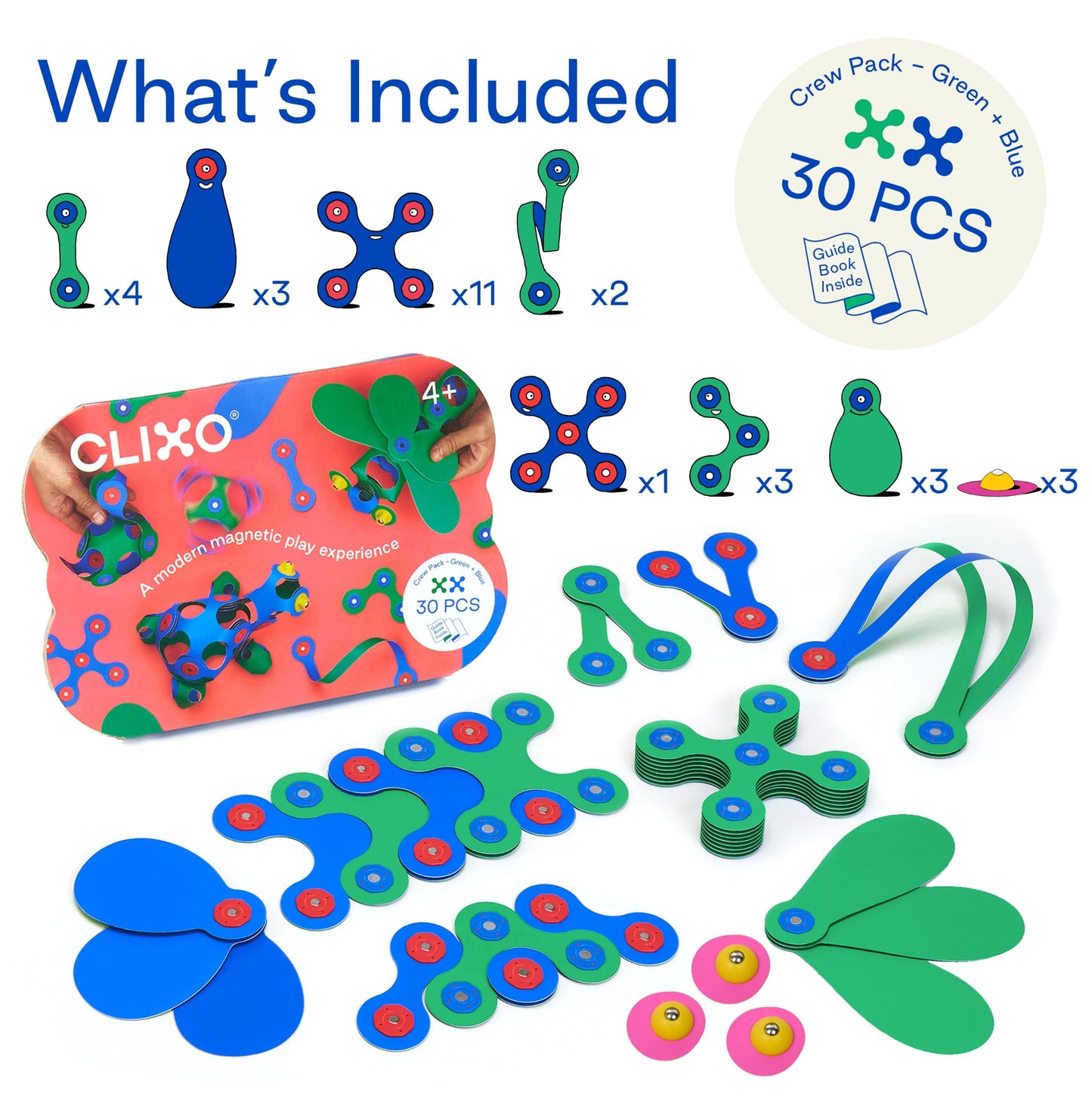 Clixo Crew 30 Piece Pack - The Flexible, Durable, Imagination-Boosting Magnetic Building Toy - Modern, Modular Designs for Hours of STEM Play.