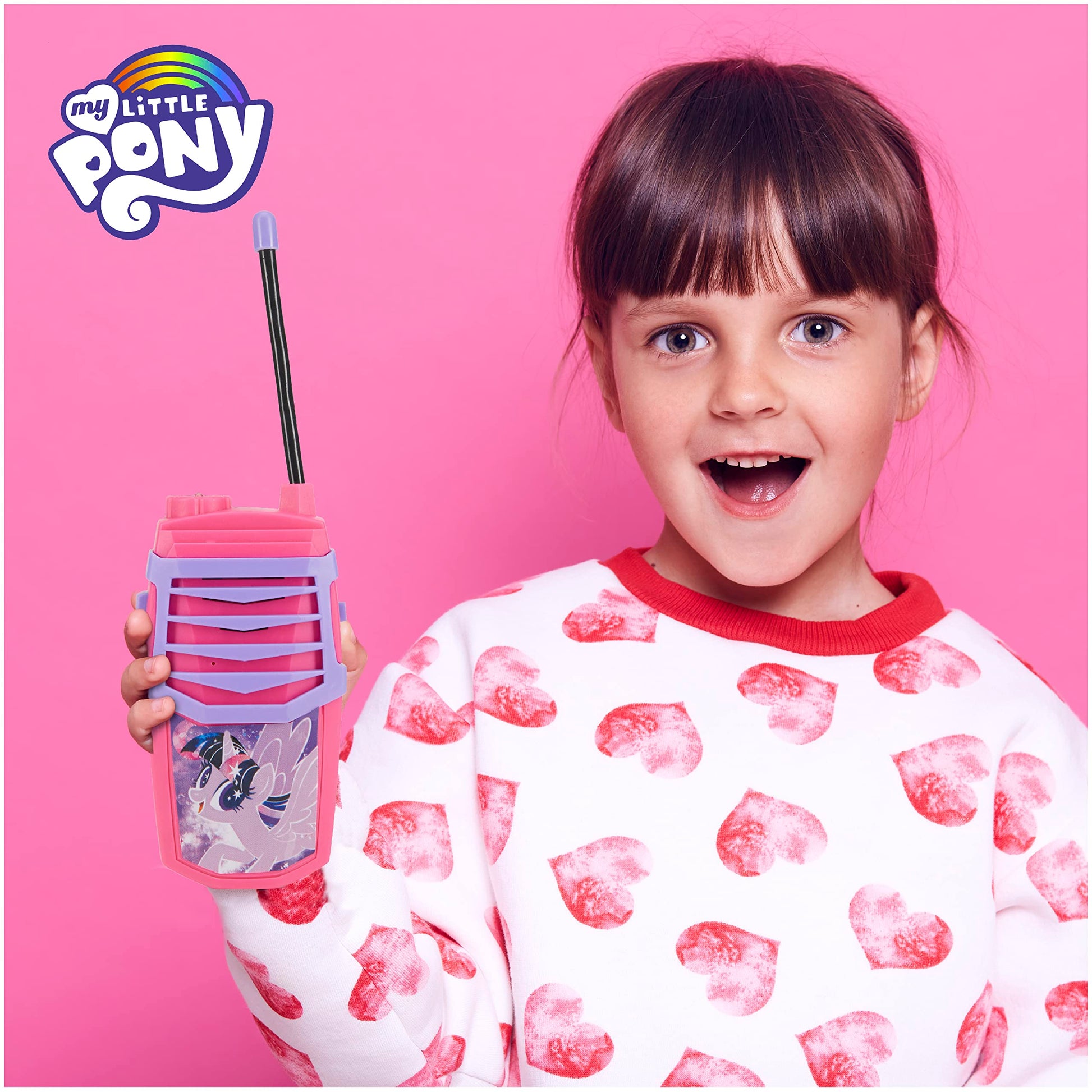 Sakar My Little Pony Molded Walkie Talkie for Kids, Safe and Flexible Antenna, Over 1000ft Range, Easy-to-Use Power Switch, Belt Clip, Pack of 2